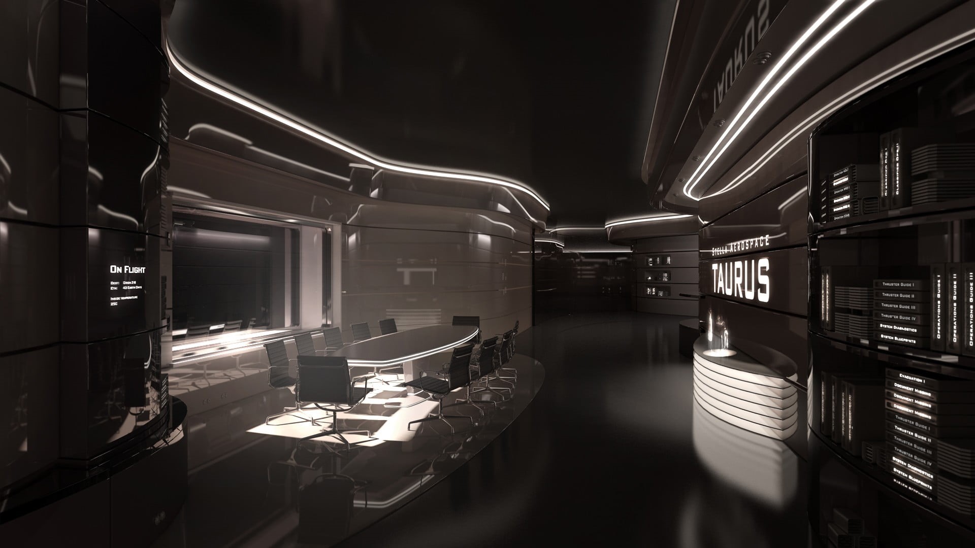 connection, chair, building, no people, interior, 1080P, space station, black, white, futuristic, absence, reflection, in a row, table, modern, night, HD Wallpaper