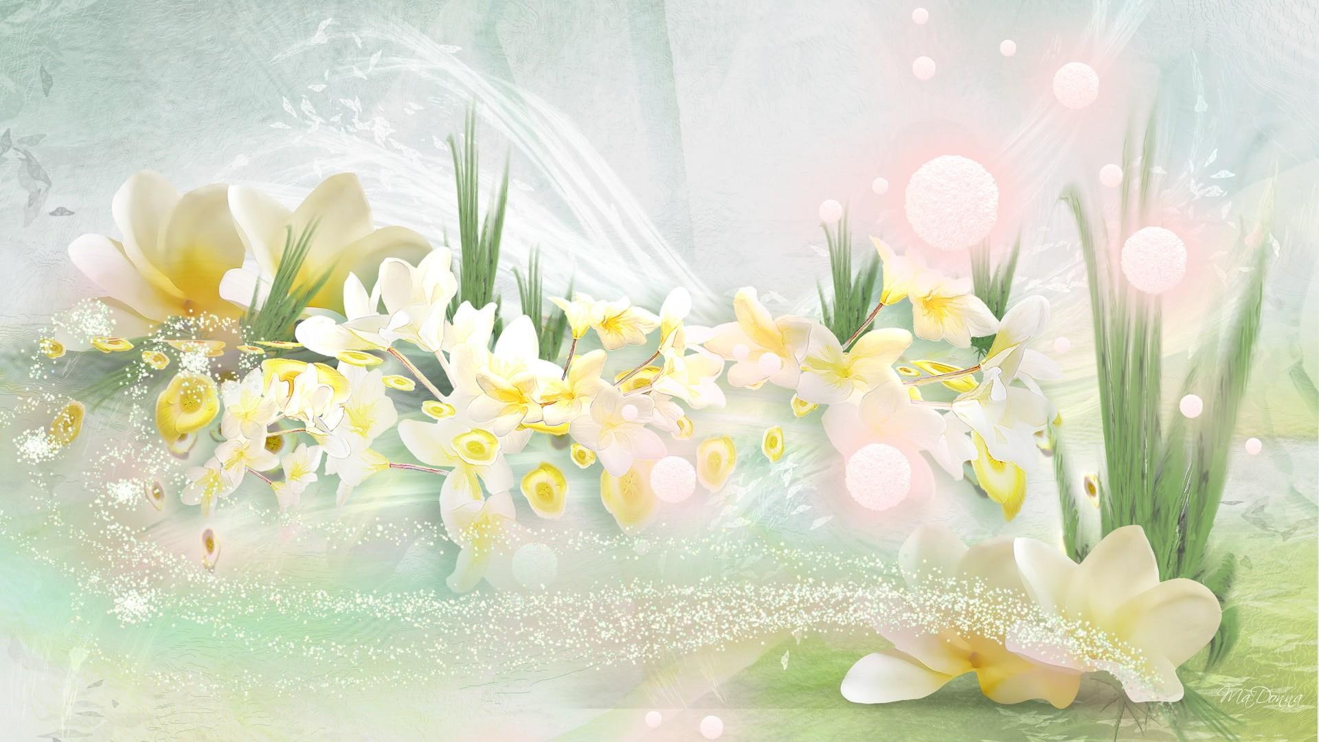 soft, frangipani, ferns, 1080P, white, blossoms, 3d and abstract, yellow, plumeria, scatter, flowers, firefox persona, HD Wallpaper