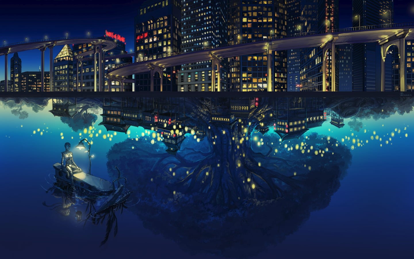 reflection, boat, city, no people, nature, building, buildings, swimming, alternate reality, built structure, illuminated, building exterior, sky, 720P, HD Wallpaper