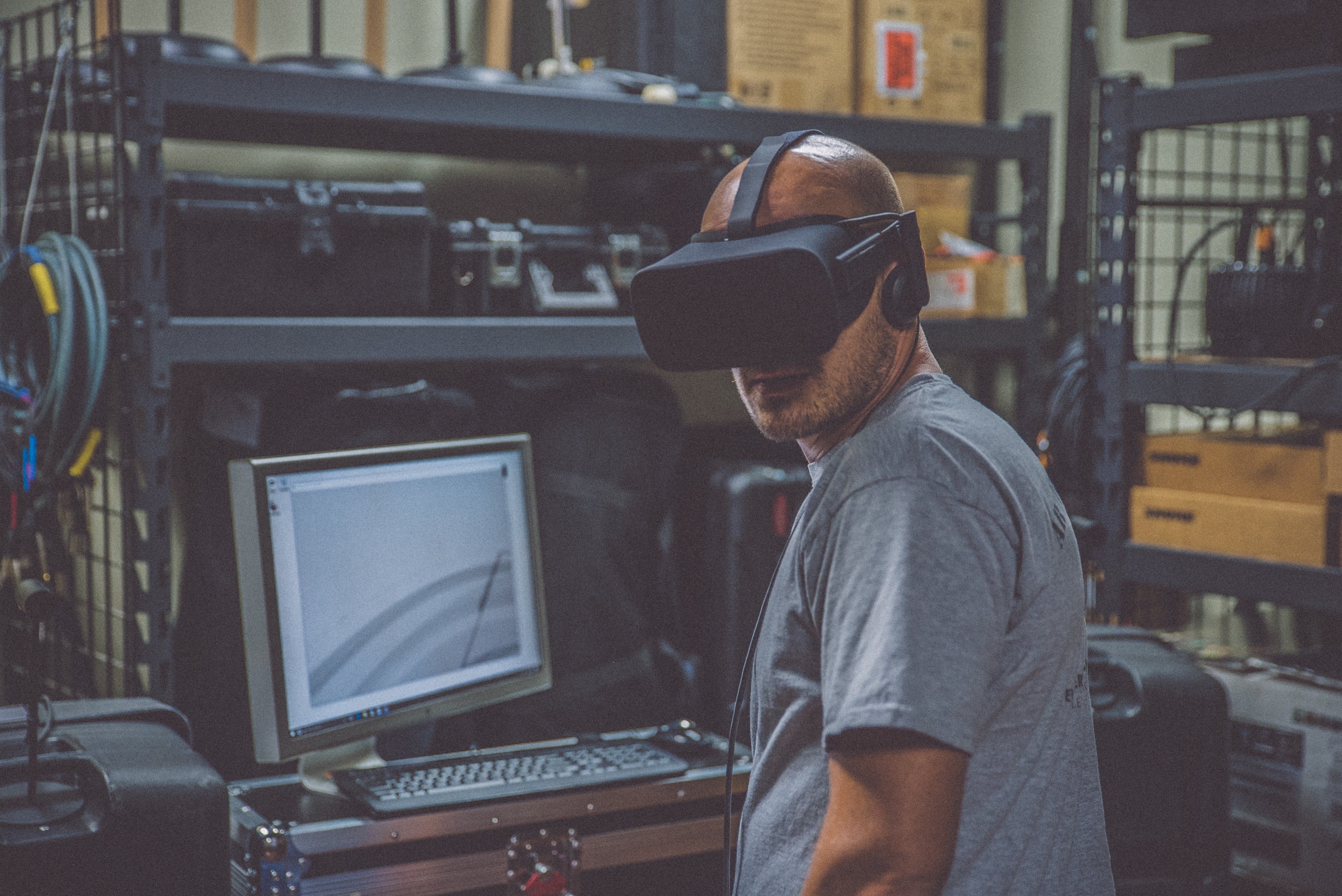 headphones, males, people, virtual reality, work, computer monitor, casual clothing, man, technology, 4K, wireless technology, communication, electronics, HD Wallpaper