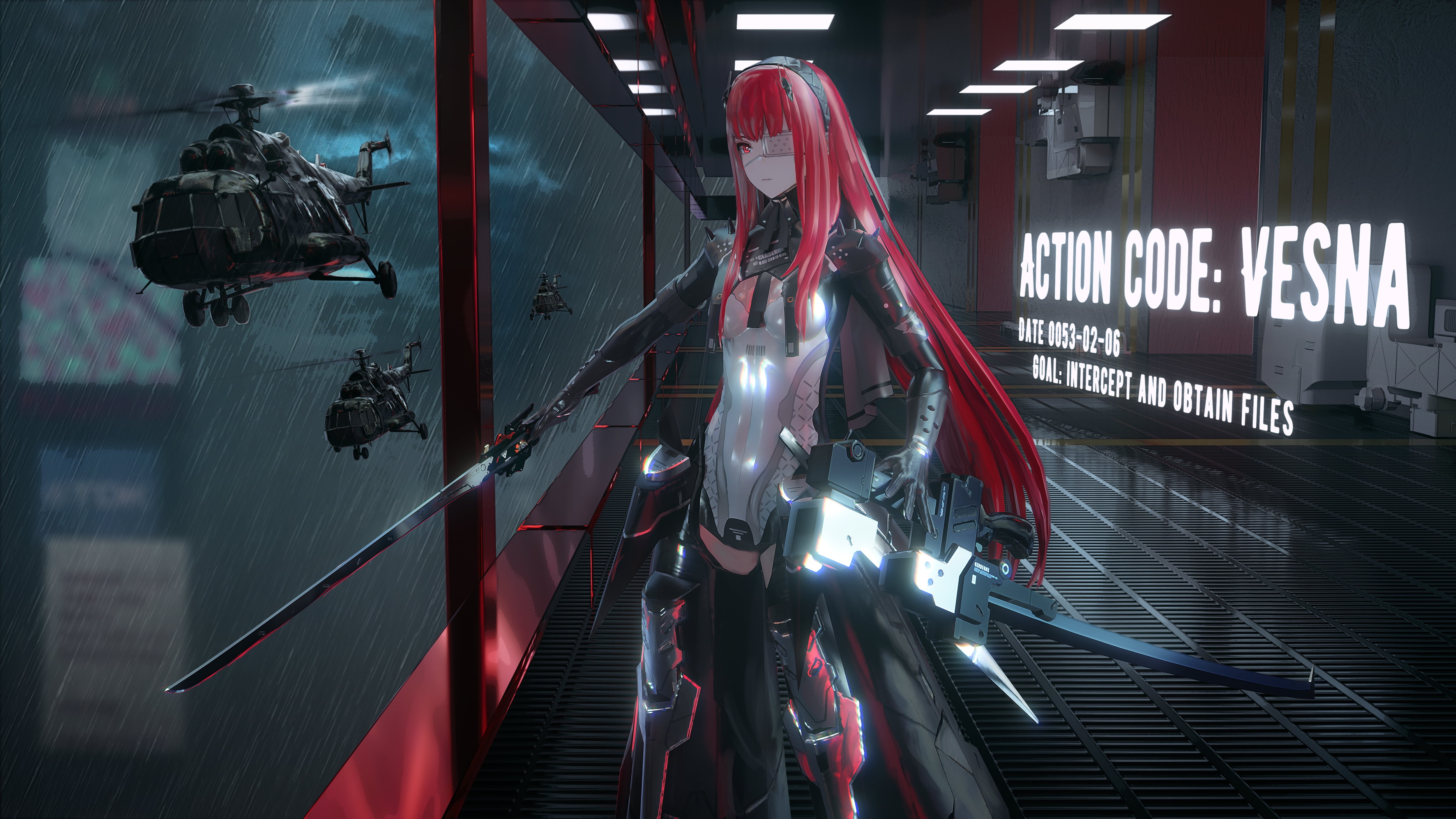 anime girls, Punishing: Gray Raven, 4K, helicopter, Seymour, cyborg, redhead, anime, HD Wallpaper