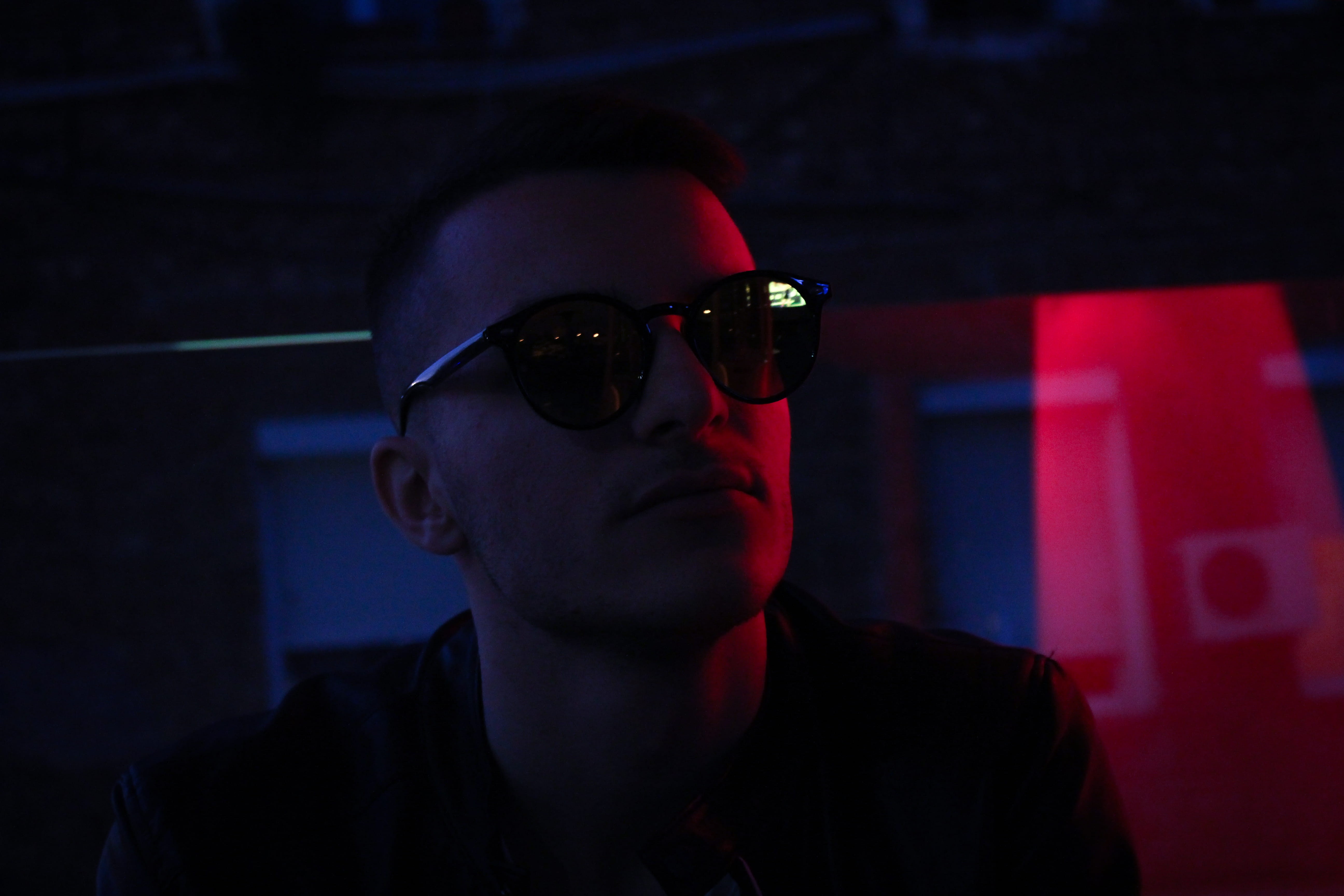 boy, digitalart, glasses, shades, photomanipulation, blue, nightlife, focus on foreground, vision, visual, creative, 5K, looking away, red, men, creatorz, HD Wallpaper