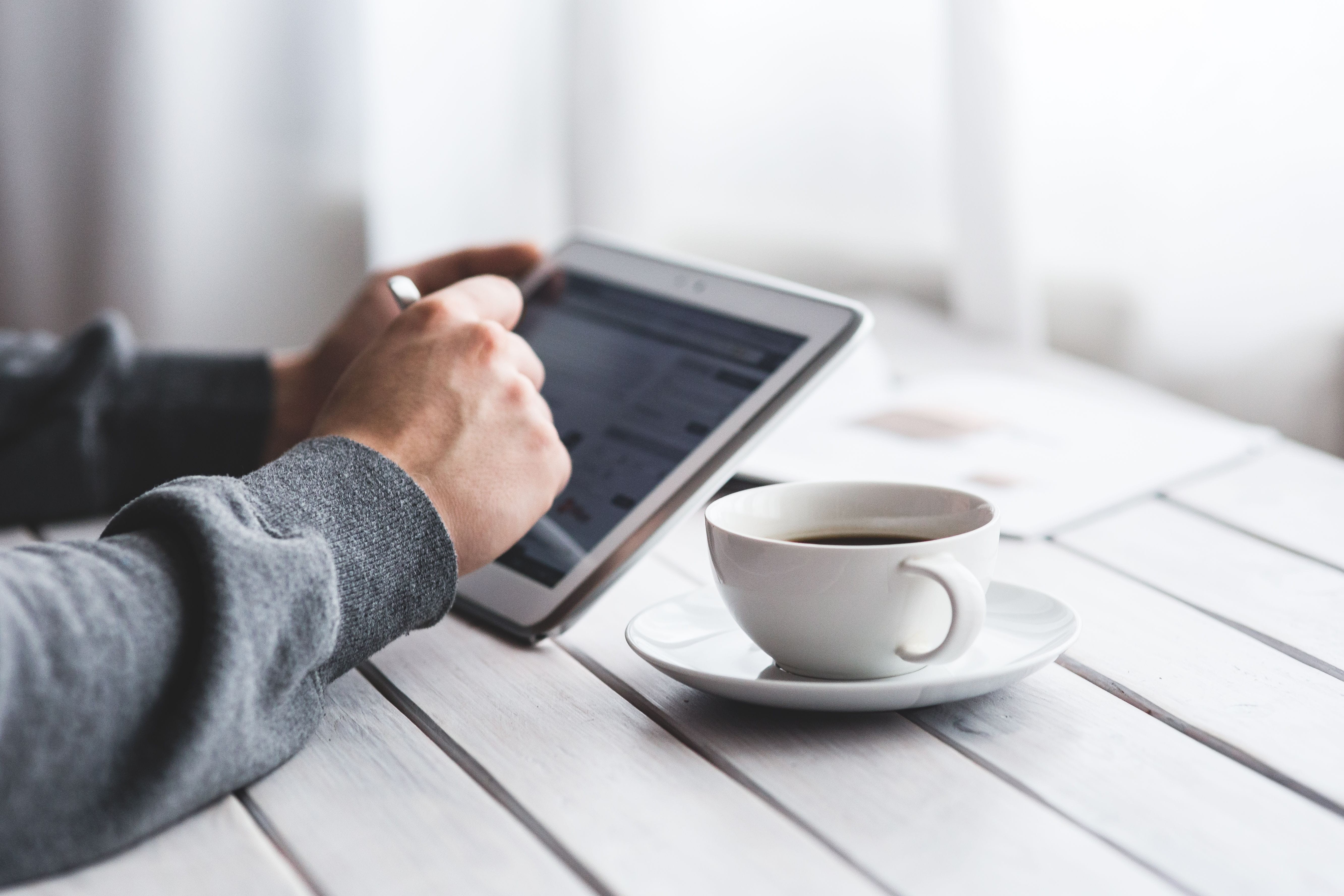 adult, laptop, coffee - Drink, technology, coffee, human Hand, computer, human body part, only men, connection, table, 5K, working, refreshment, food and drink, HD Wallpaper