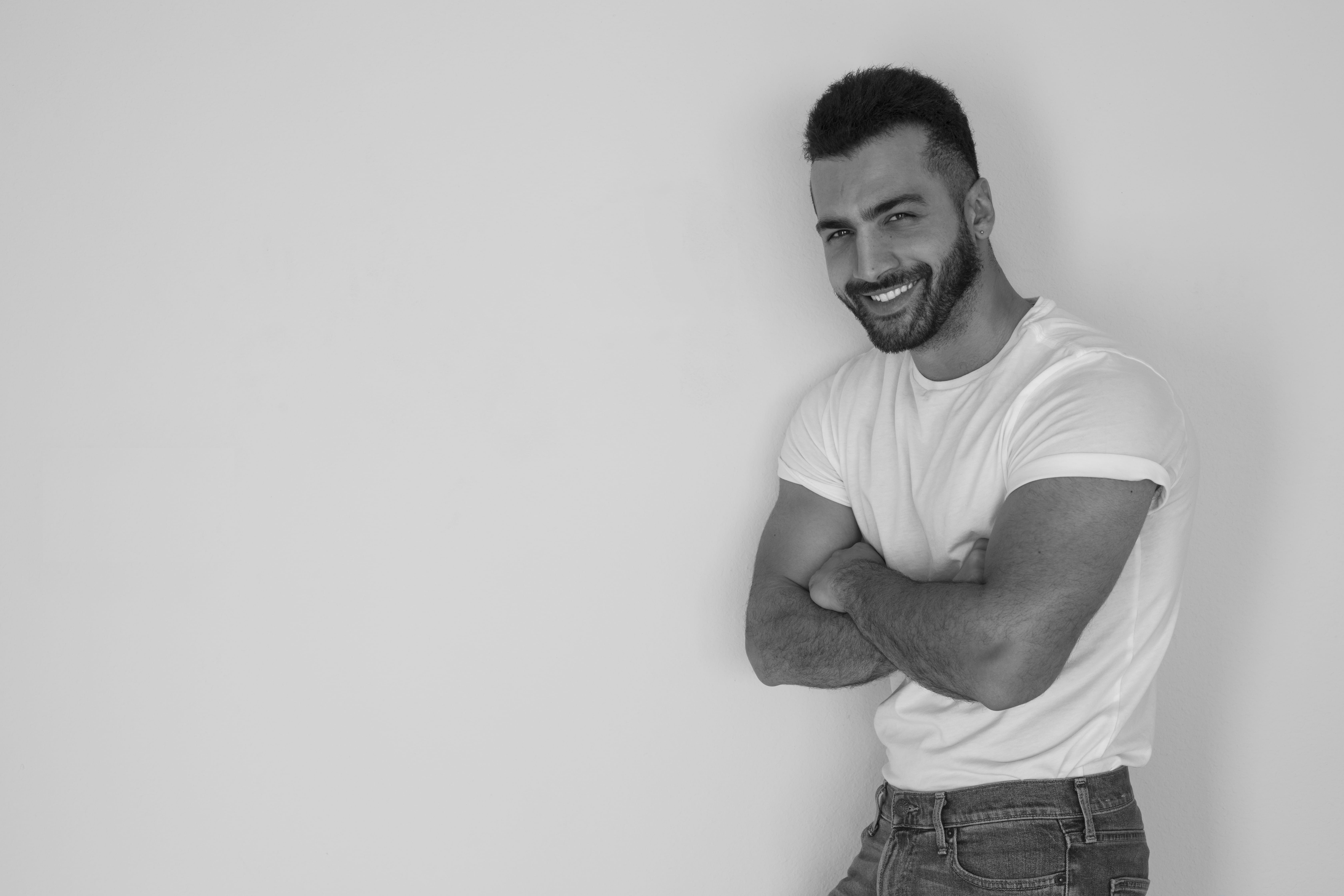 model, photo, black, wear, smiling, copy space, white, fine-looking, young adult, men, 5K, facial expression, looking, portrait, beard, t-shirt, guy, person, HD Wallpaper