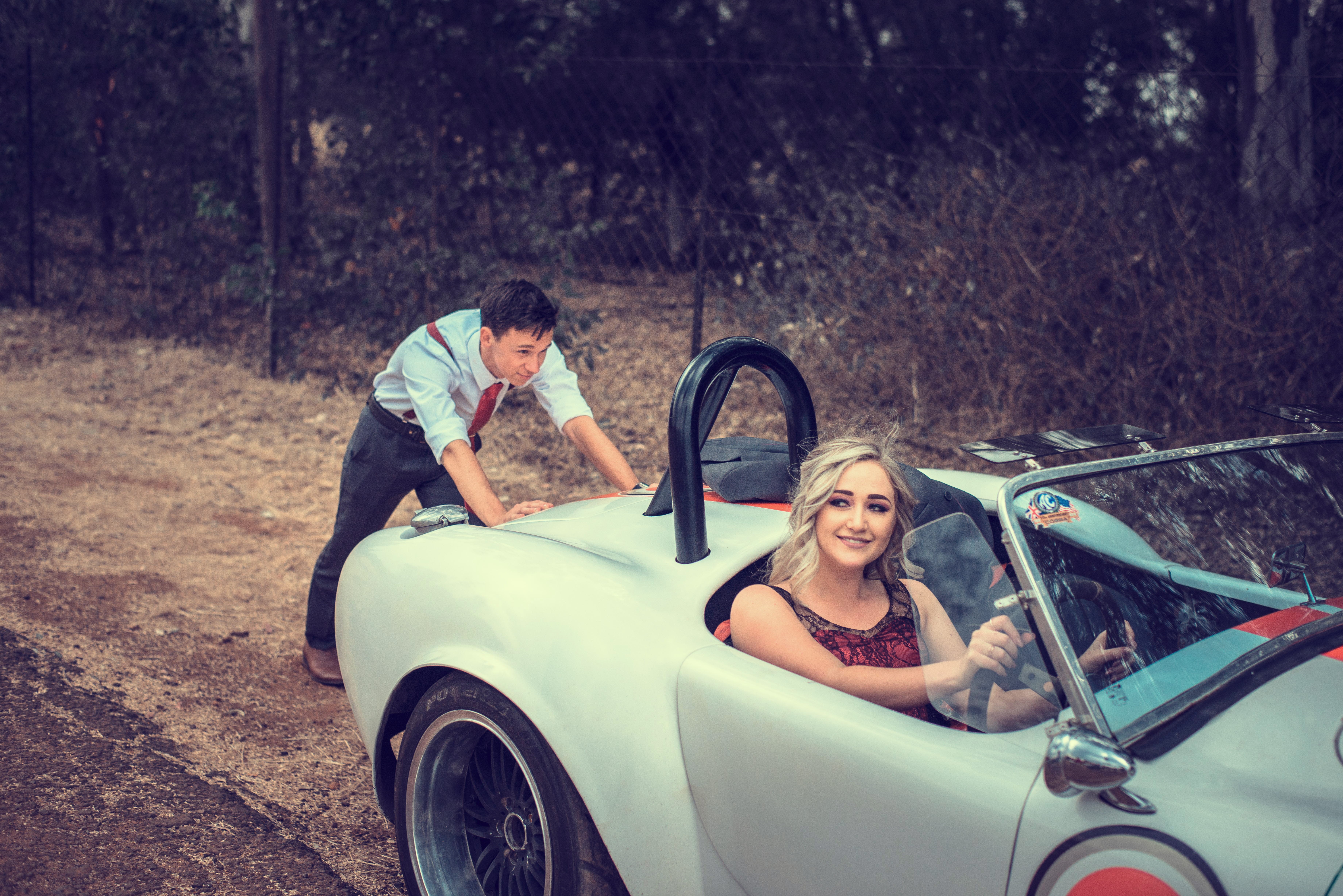 couple, fun, car, child, men, woman, cute, wear, pretty, ac cobra, females, tuxedo, males, facial expression, girl, motor vehicle, transportation, automobile, HD Wallpaper