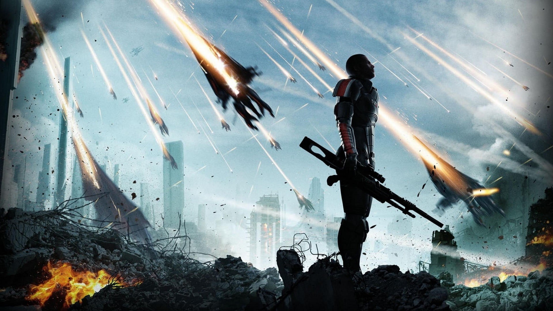 standard, unrecognizable person, mode of transportation, 1080P, blurred motion, fire, real people, sign, Commander Shepard, government, occupation, outdoors, HD Wallpaper