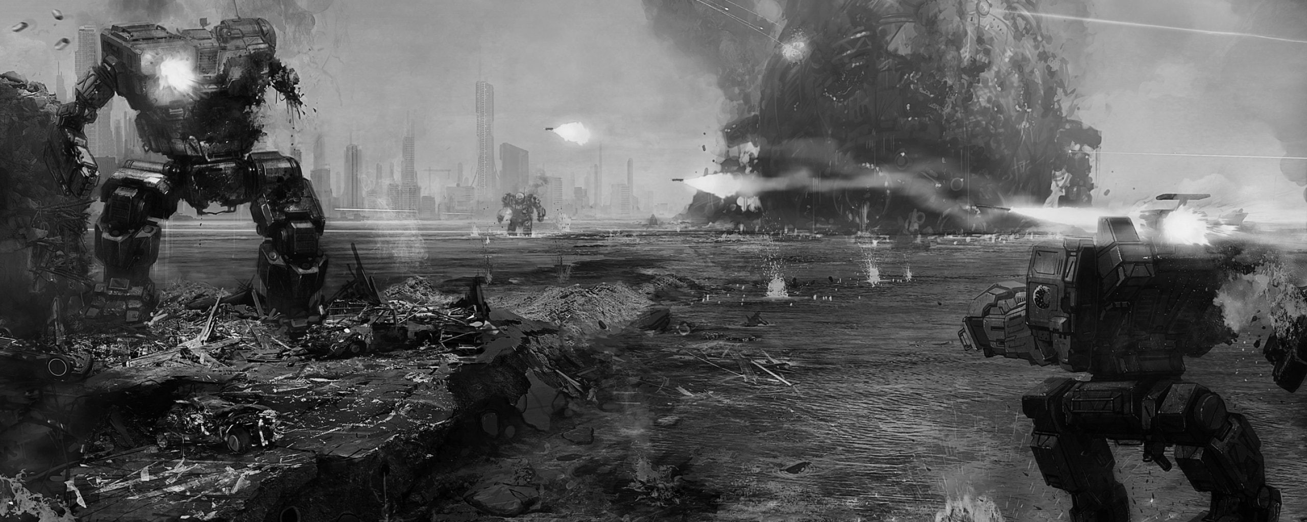 robot, Battletech, crowd, smoke - physical structure, ruined, destruction, building, action, 2K, people, place of worship, spirituality, belief, built structure, HD Wallpaper
