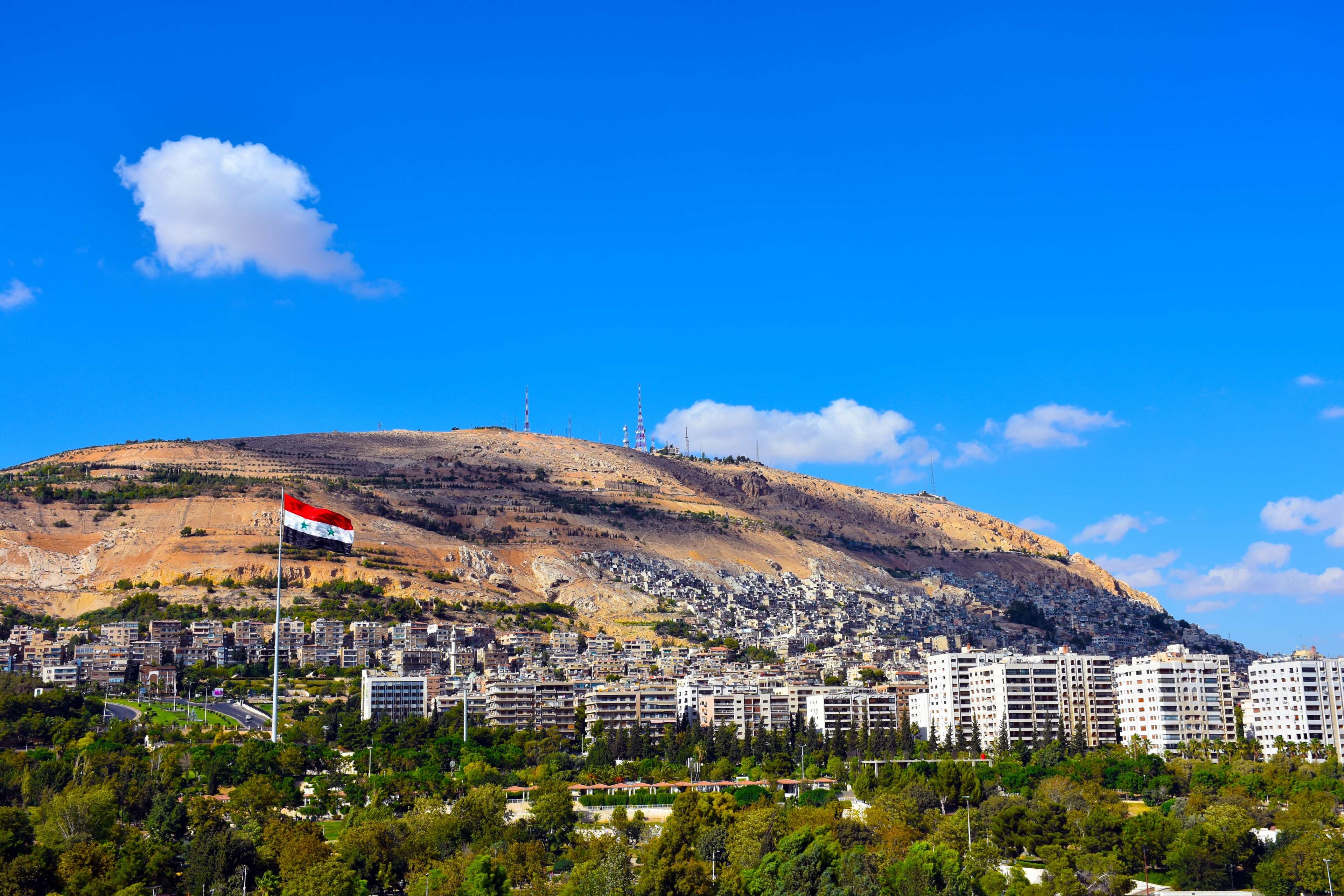 tree, syria, sham, town, cloud - sky, 4K, townscape, city, sky, built structure, residential district, garden, green, outdoors, building exterior, mountain, HD Wallpaper
