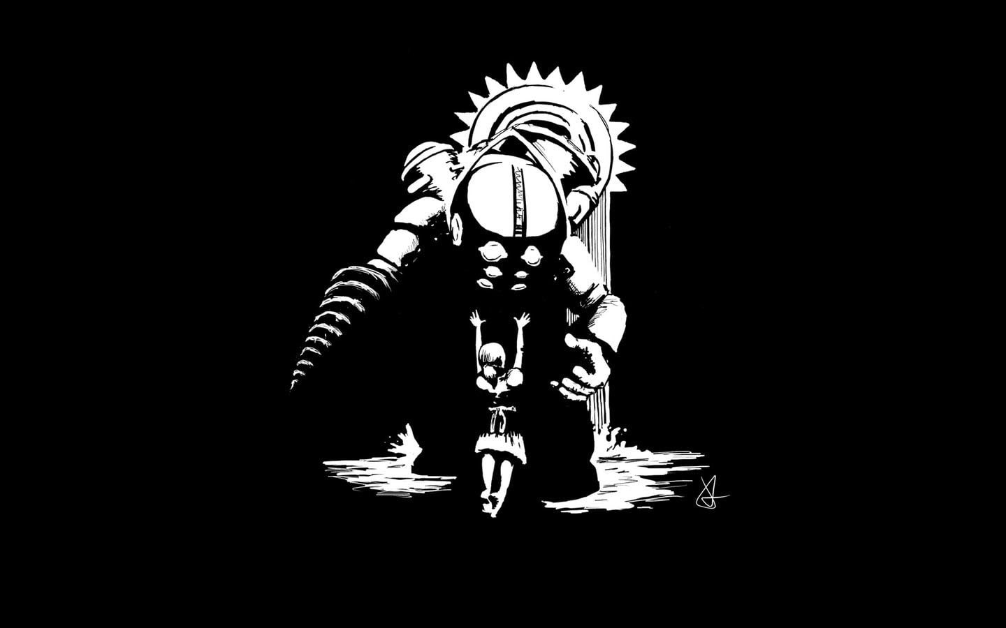 hd, video games, daddy, sister, big, bioshock, bw, 720P, little, HD Wallpaper