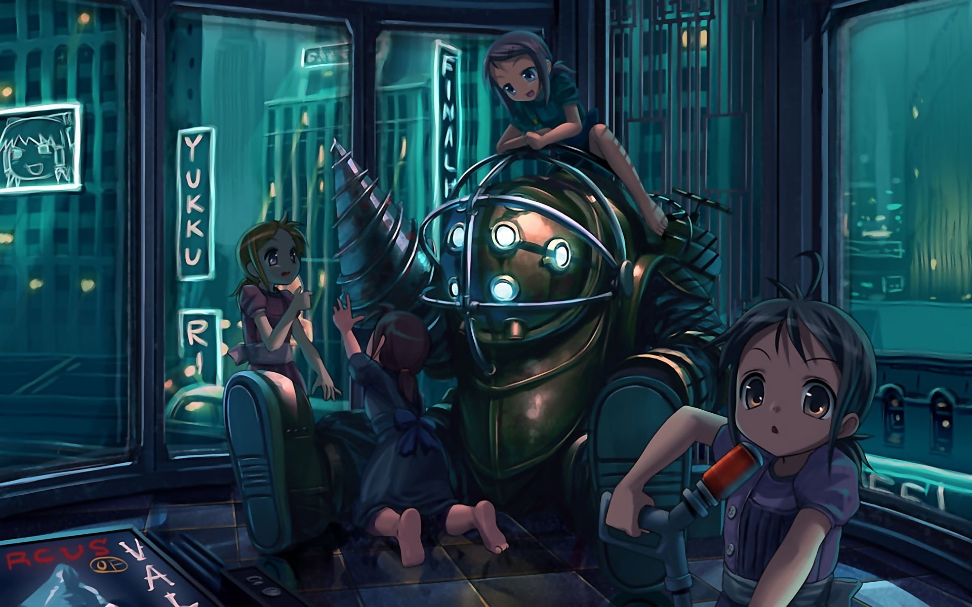 1080P, Big Daddy, video games, Little Sister, BioShock, anime, HD Wallpaper