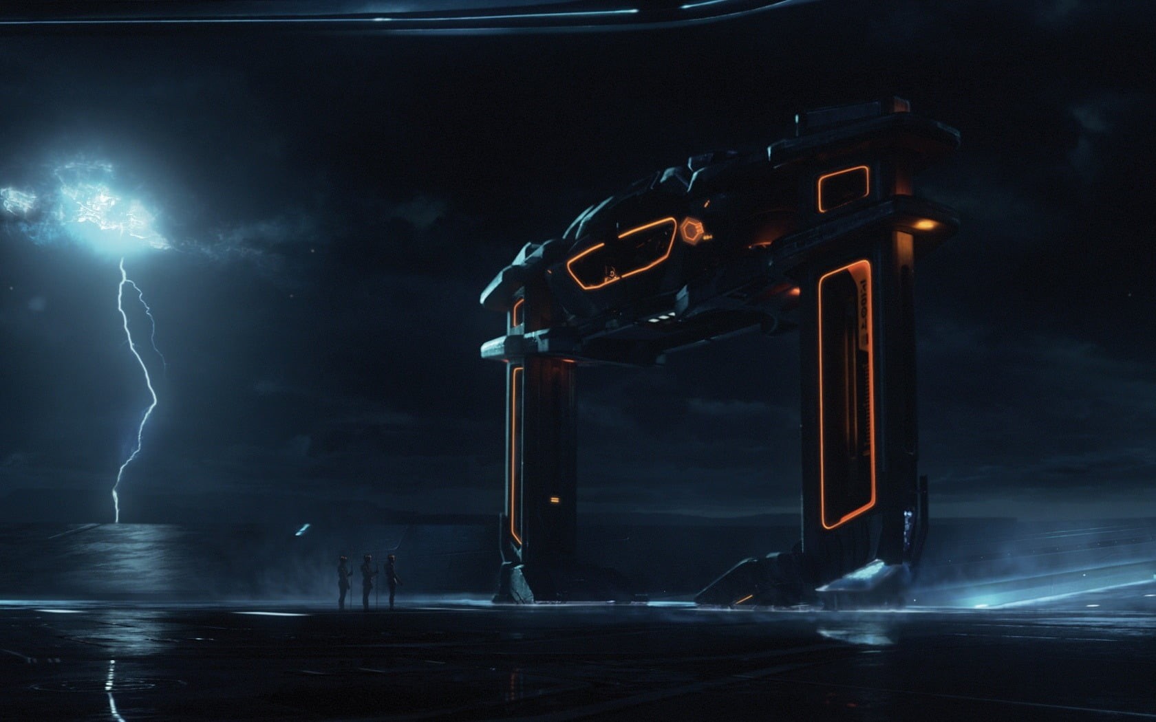 the throne, architecture, sign, tron legacy, black, illuminated, light - natural phenomenon, orange, motion, sky, digital composite, night, structure, sea, HD Wallpaper