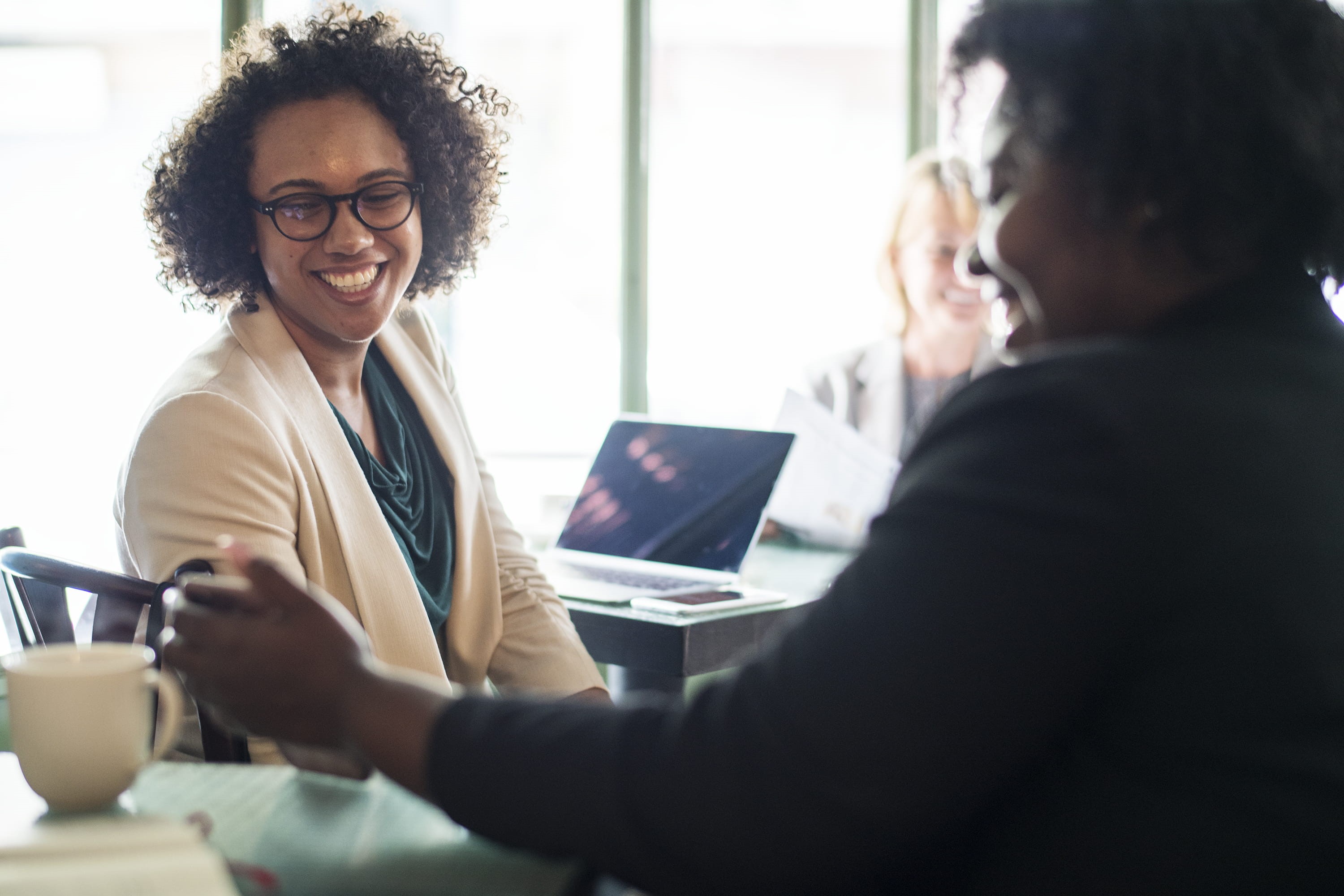 chair, optimistic, sitting, using laptop, afro, connection, black, planning, laptop, women, pretty, portrait, discussing, notebook, business person, coworker, HD Wallpaper