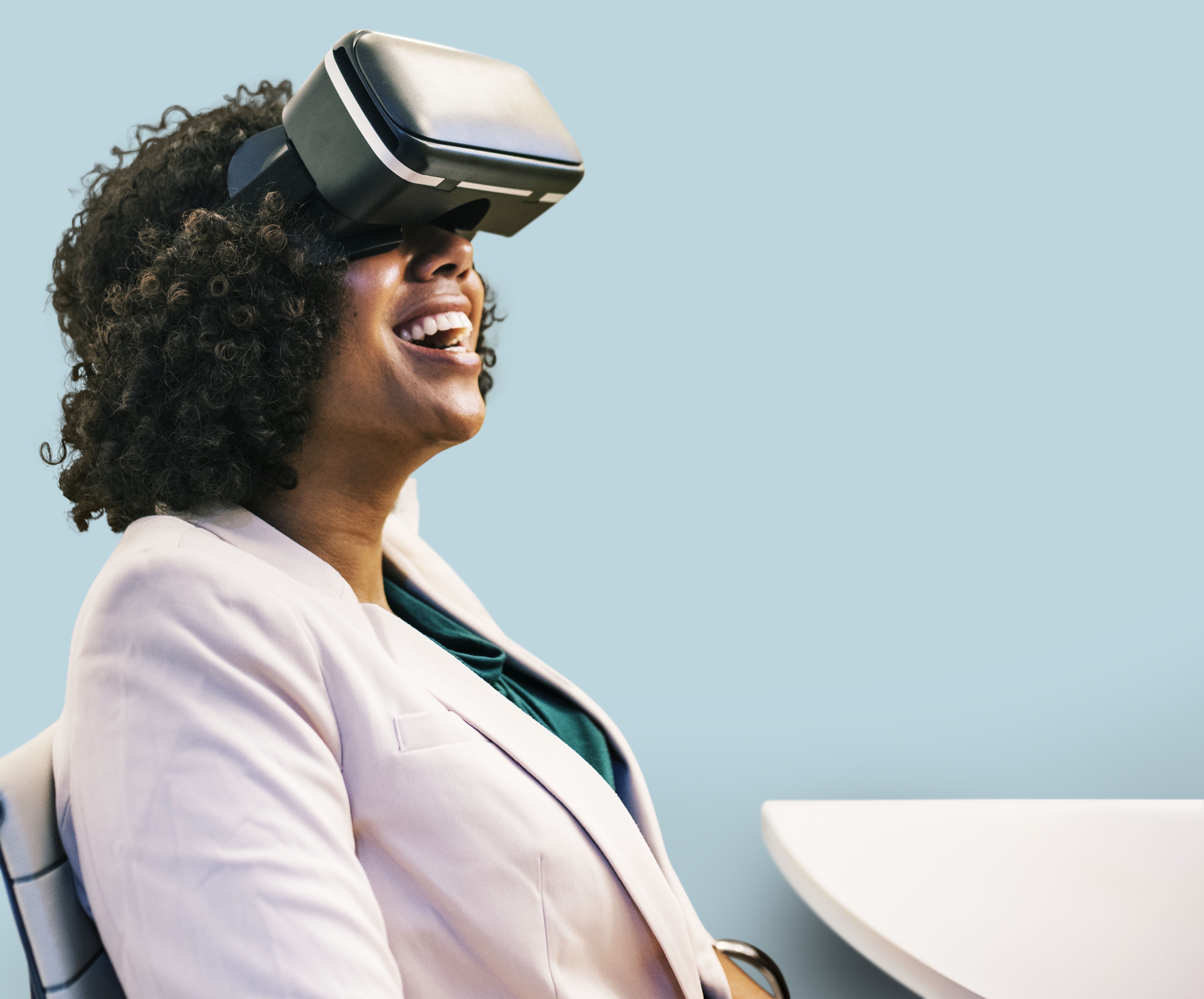 blue, innovation, technology, looking away, afro, african, businesswoman, digital, wireless technology, vr, black, funny, experience, headset, cyberspace, HD Wallpaper