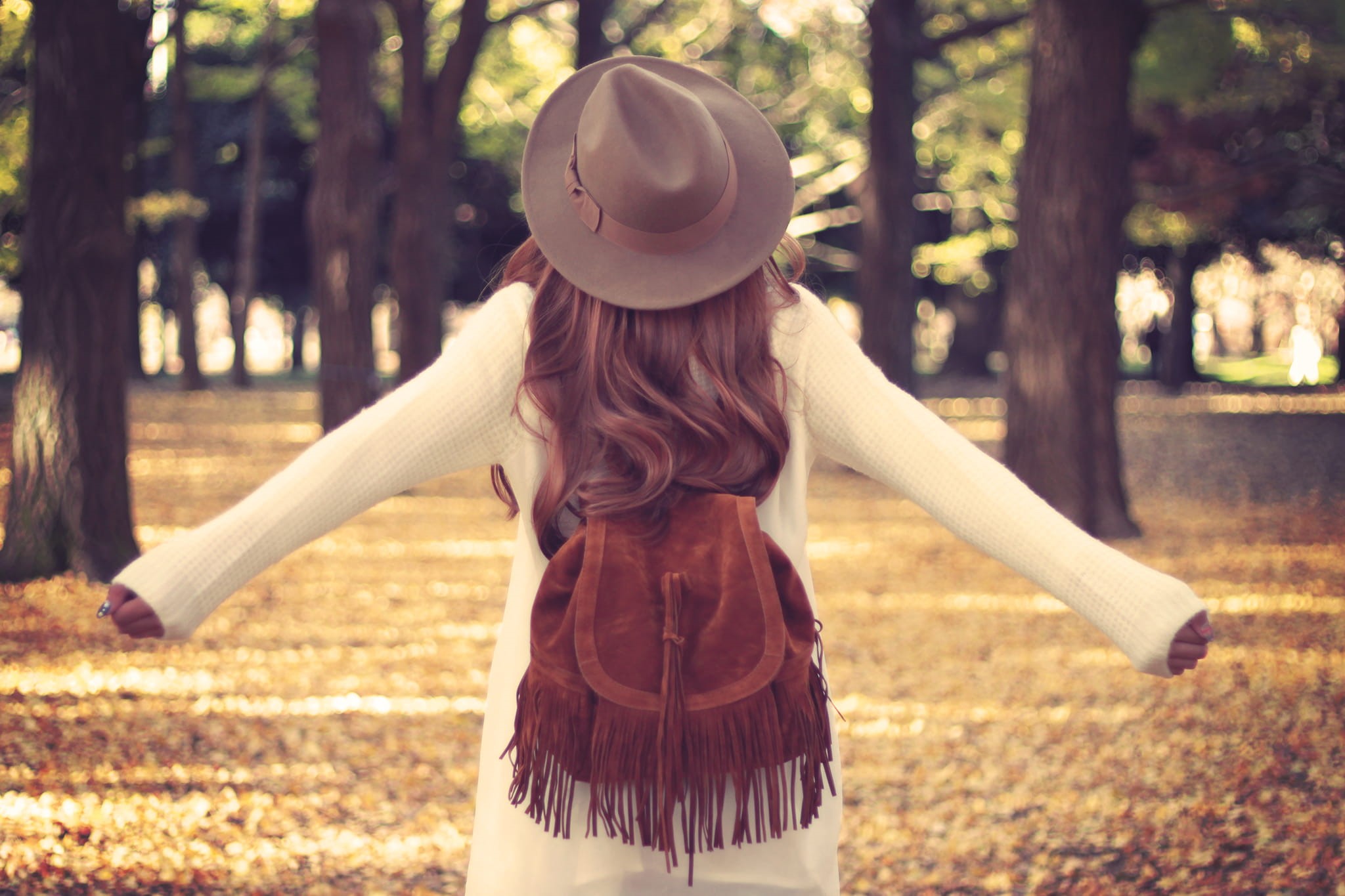plant, fashion, young Adult, sun hat, 1080P, real people, happiness, sun, autumn, children only, woman, focus on foreground, tree, dress, rear view, leisure activity, HD Wallpaper