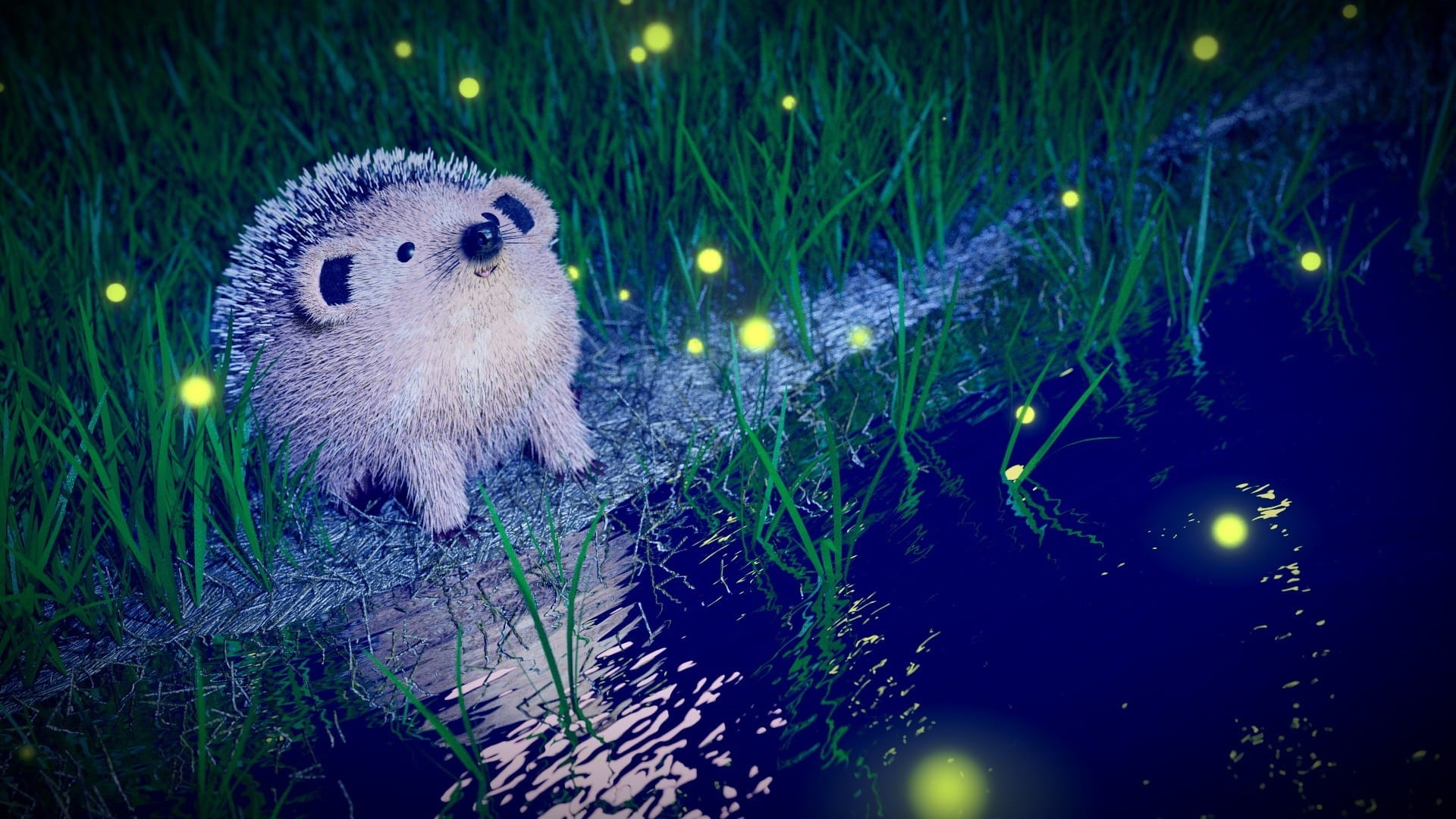 shading, modeling, cad, cute, rendering, illuminated, near, blue, emitter particles, Hedgehog, tree, grass, water, animals in the wild, animal, one animal, HD Wallpaper
