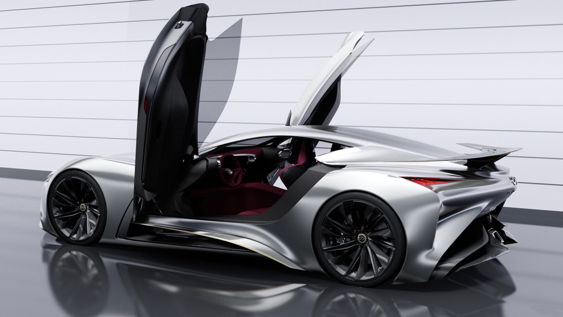 outdoors, motor vehicle, Infiniti Vision GT, reflection, land vehicle, wheel, 1080P, racecar, silver colored, speed, helmet, sports helmet, gray, mode of transportation, HD Wallpaper
