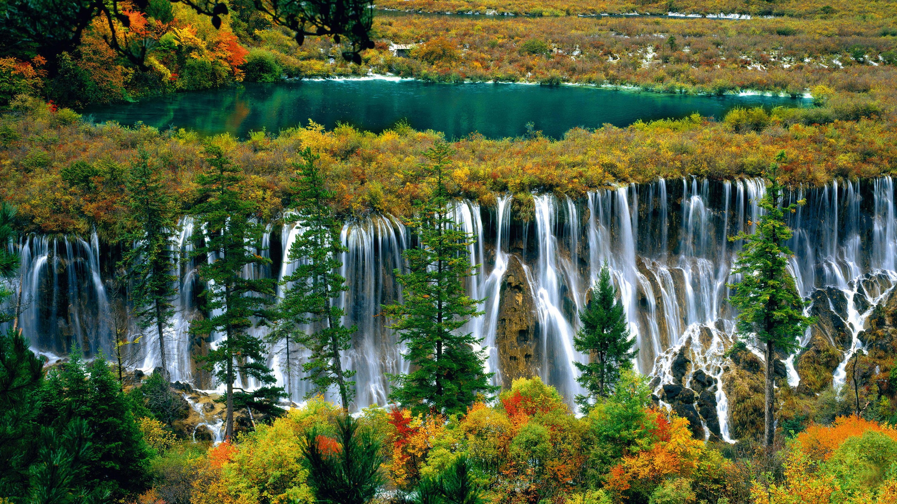 beautiful, autumn collection, tranquil scene, beauty in nature, waterfall, tranquility, environment, sichuan, forest, flowing water, 2K, hd, HD Wallpaper