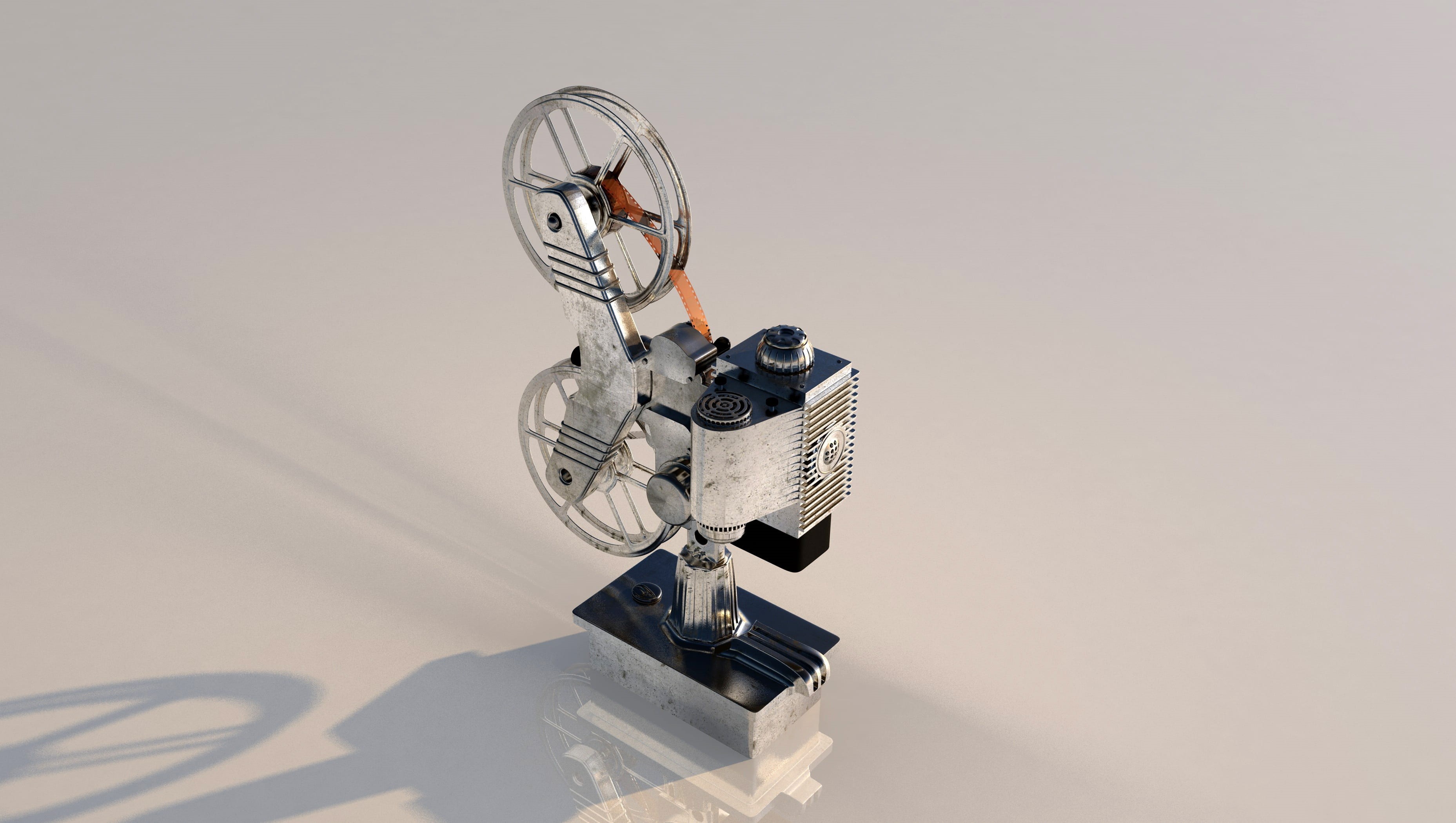 reel, copy space, futuristic, 2K, analog, no people, movie projector, studio shot, black, 3d model, machinery, robot, mid-air, motion, surface, science, HD Wallpaper