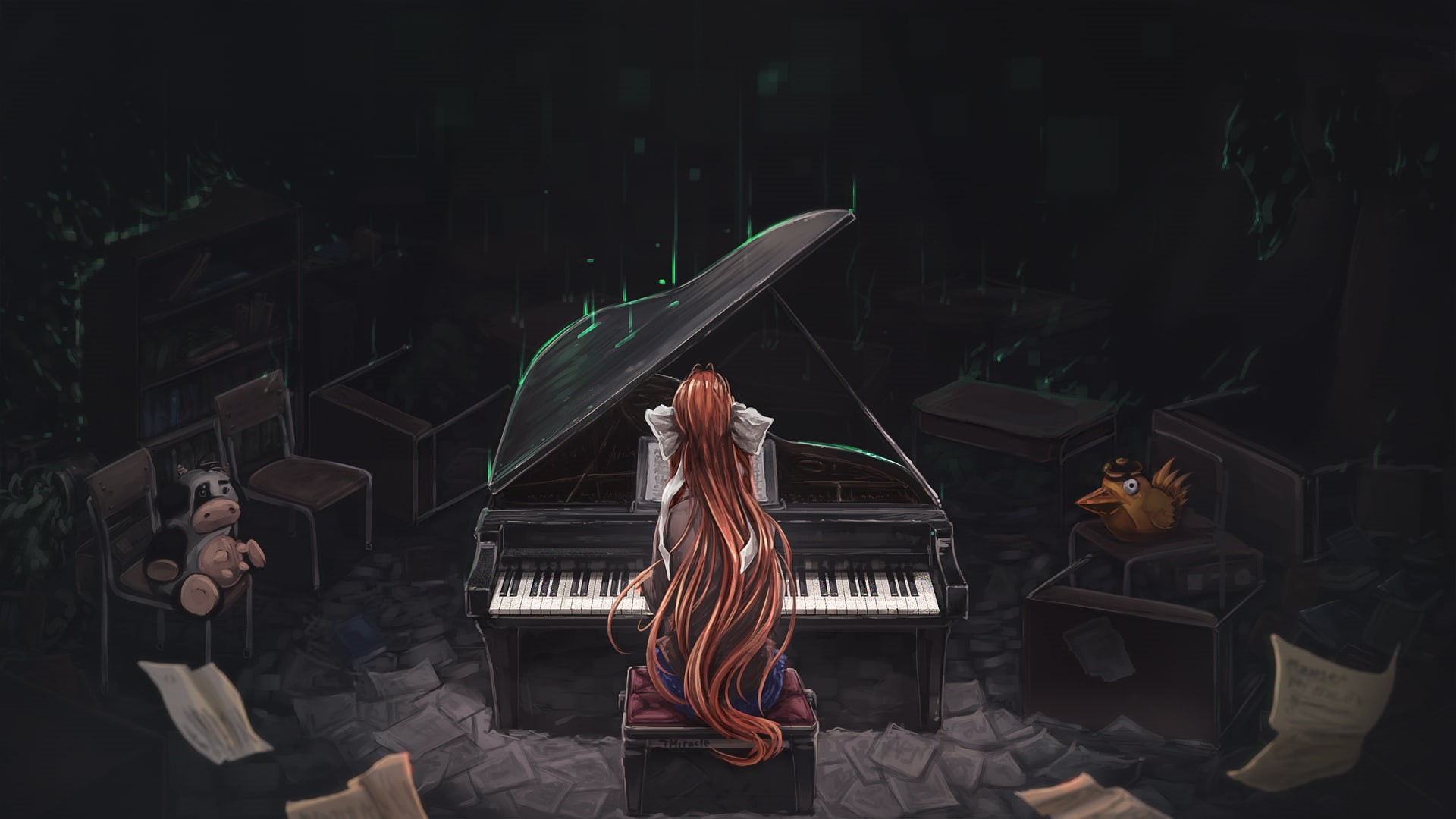 full length, leisure activity, real people, front view, lifestyles, Monika (Doki Doki Literature Club), dark, women, sitting, Doki Doki Literature Club, HD Wallpaper