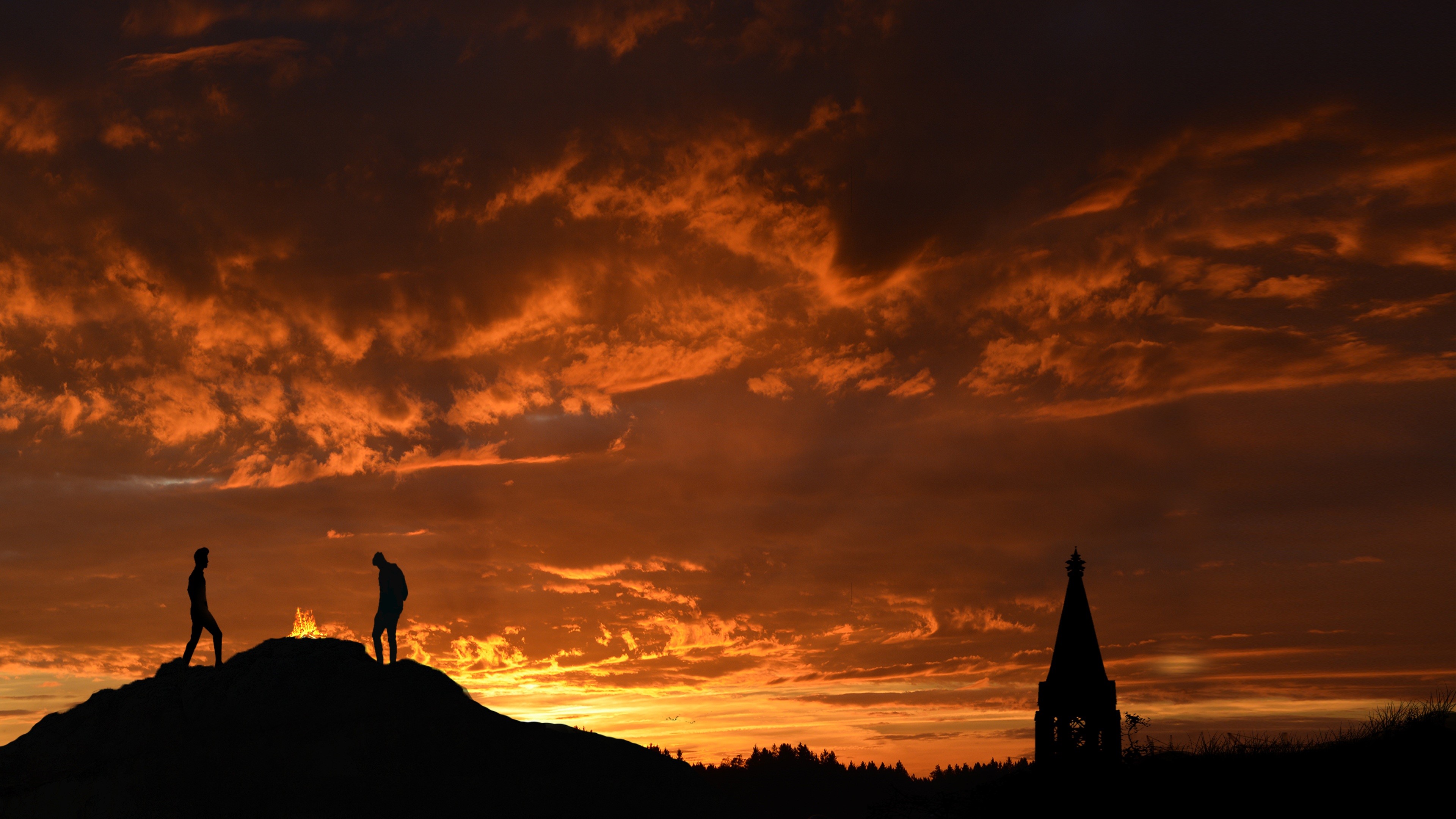 sunset photography, orange color, camp, two, design, clouds, dramatic sky, animal themes, animal, person, hiking, climbing, evening, grass, spirituality, HD Wallpaper