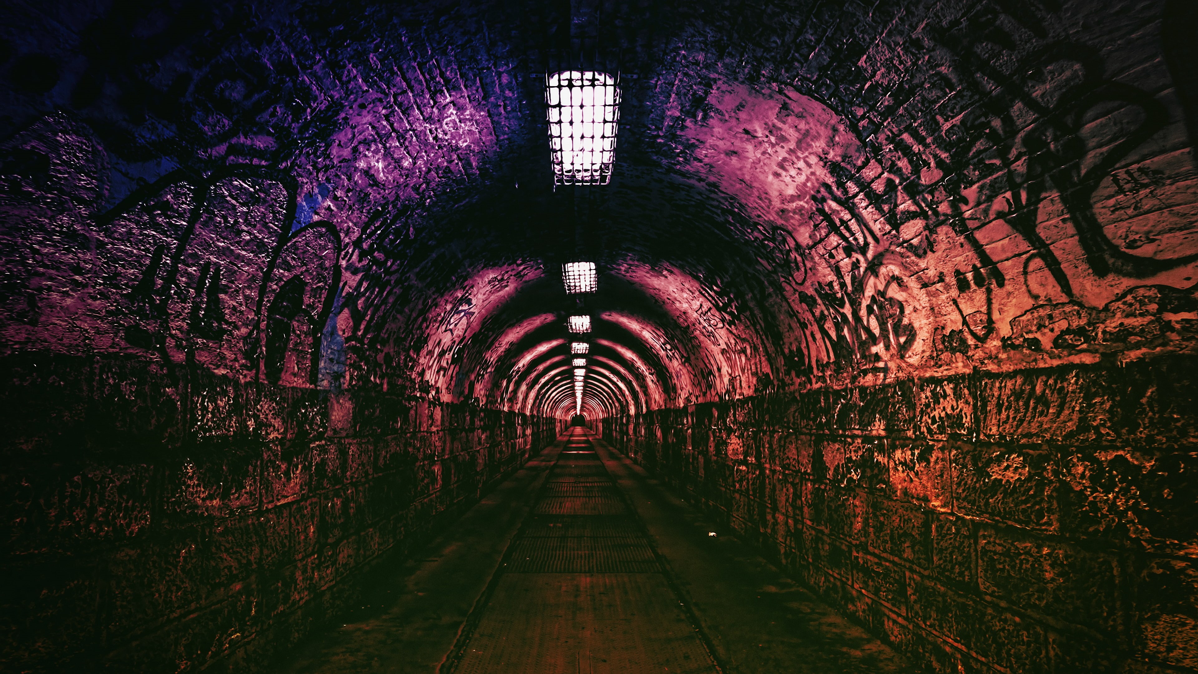 underground, purple, direction, architecture, brick, built structure, wall, lighting equipment, empty, long, light, illuminated, graffiti, wall - building feature, HD Wallpaper