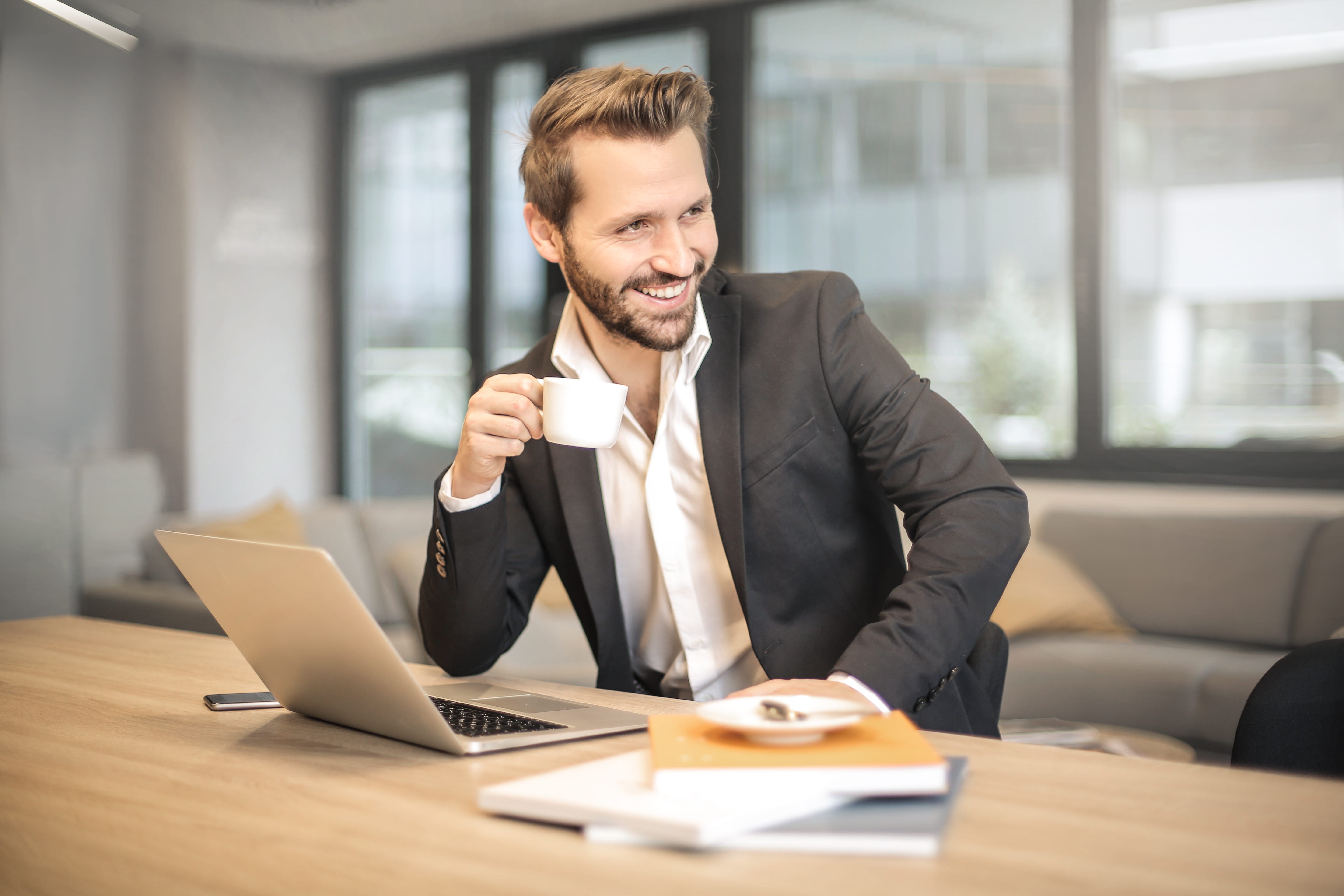 men, sitting, gray, occupation, smiling, job, facial expression, 5K, manager, royalty  images, male, man, business, laughing, office, desk, teacup, cup, HD Wallpaper