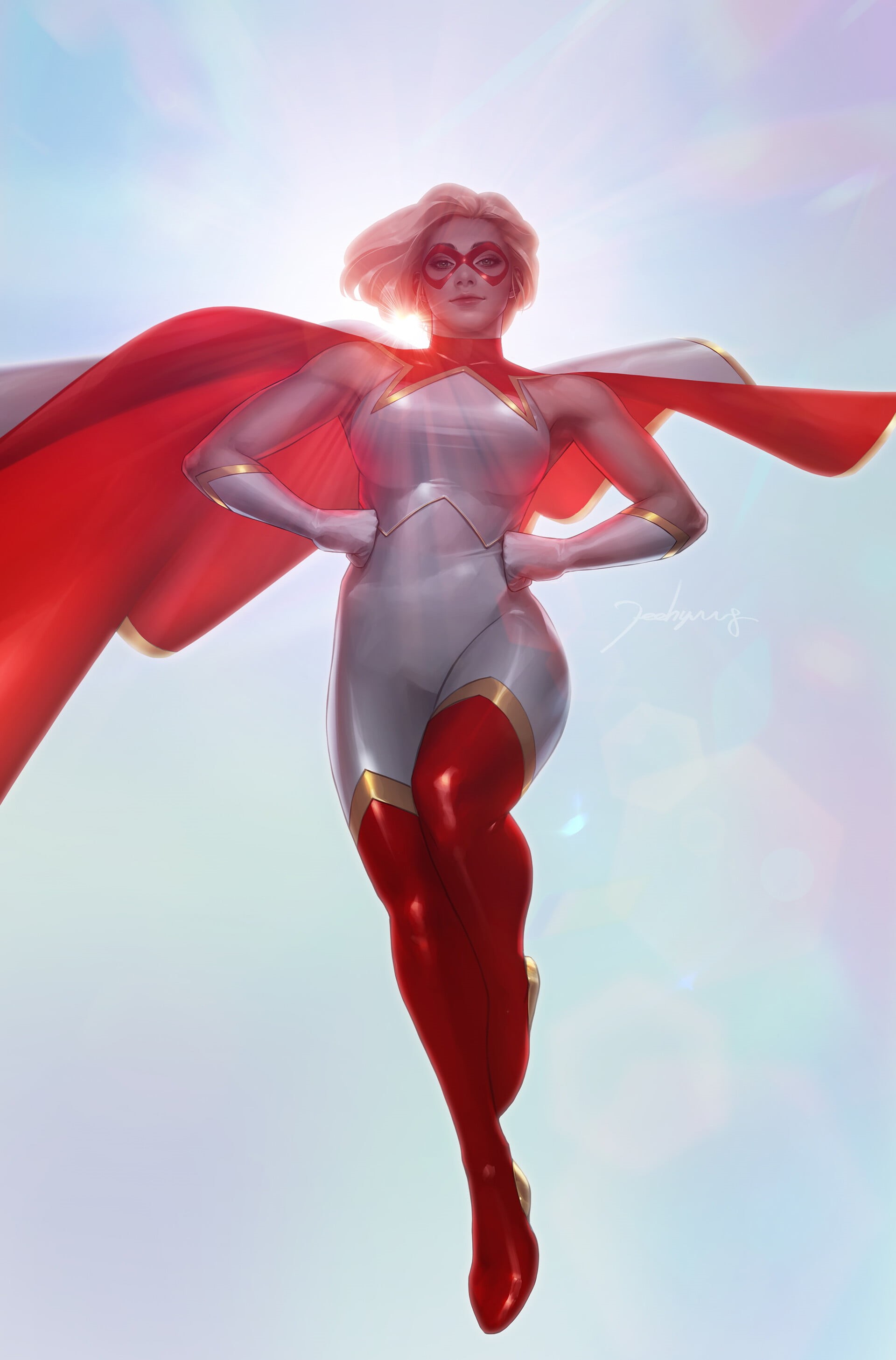 sunlight, Stargirl, fan art, DC Comics, cape, ArtStation, digital art, blonde, sun rays, JeeHyung lee, blond hair, digital painting, portrait display, short hair, Phone HD Wallpaper