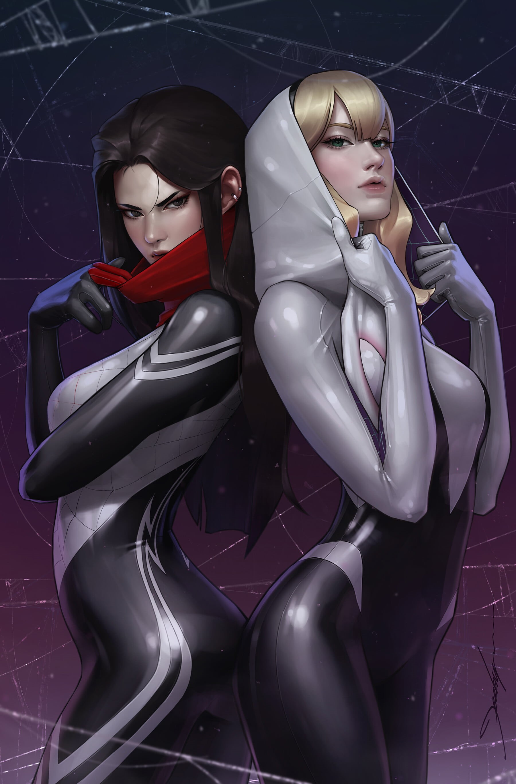 X-Men, 2K, JeeHyung lee, Silk (Marvel character), looking at viewer, ArtStation, artwork, dark hair, blonde, women, Phone HD Wallpaper