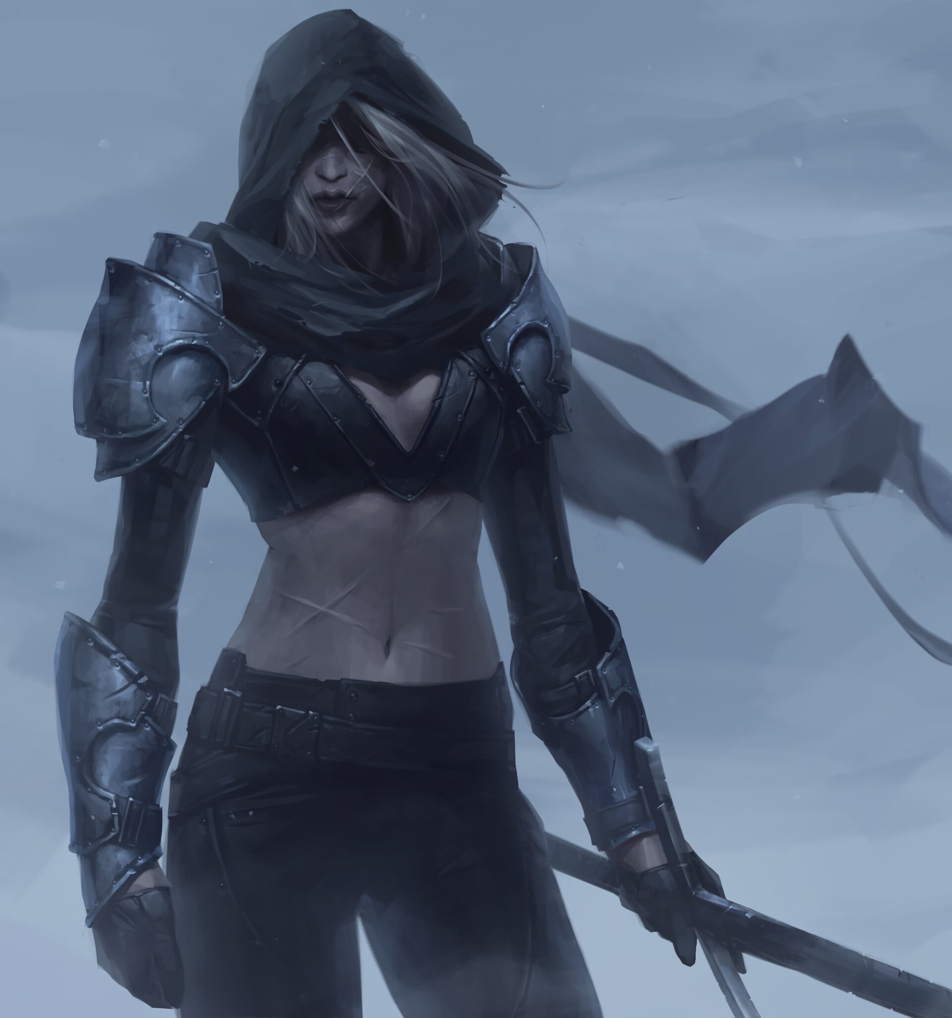 belly, women, fantasy armor, fantasy girl, fantasy art, hoods, artwork, ArtStation, girls with swords, 1080P, weapon, JeeHyung lee, sword, scars, Phone HD Wallpaper