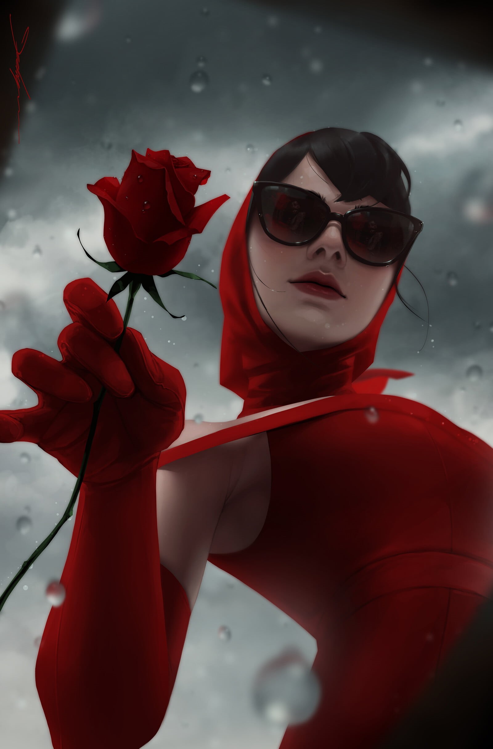 red clothing, shades, 1080P, women, reflection, flowers, dark hair, gloves, red lipstick, artwork, women with shades, makeup, red flowers, ArtStation, Phone HD Wallpaper