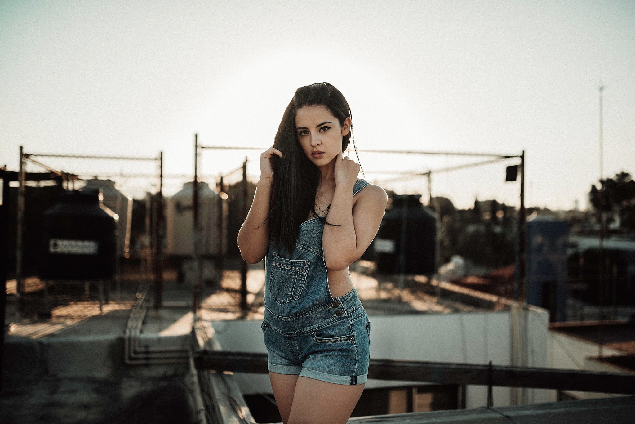 young women, casual clothing, women, standing, lifestyles, women outdoors, architecture, portrait, overalls, adult, brunette, fashion, beautiful people, HD Wallpaper