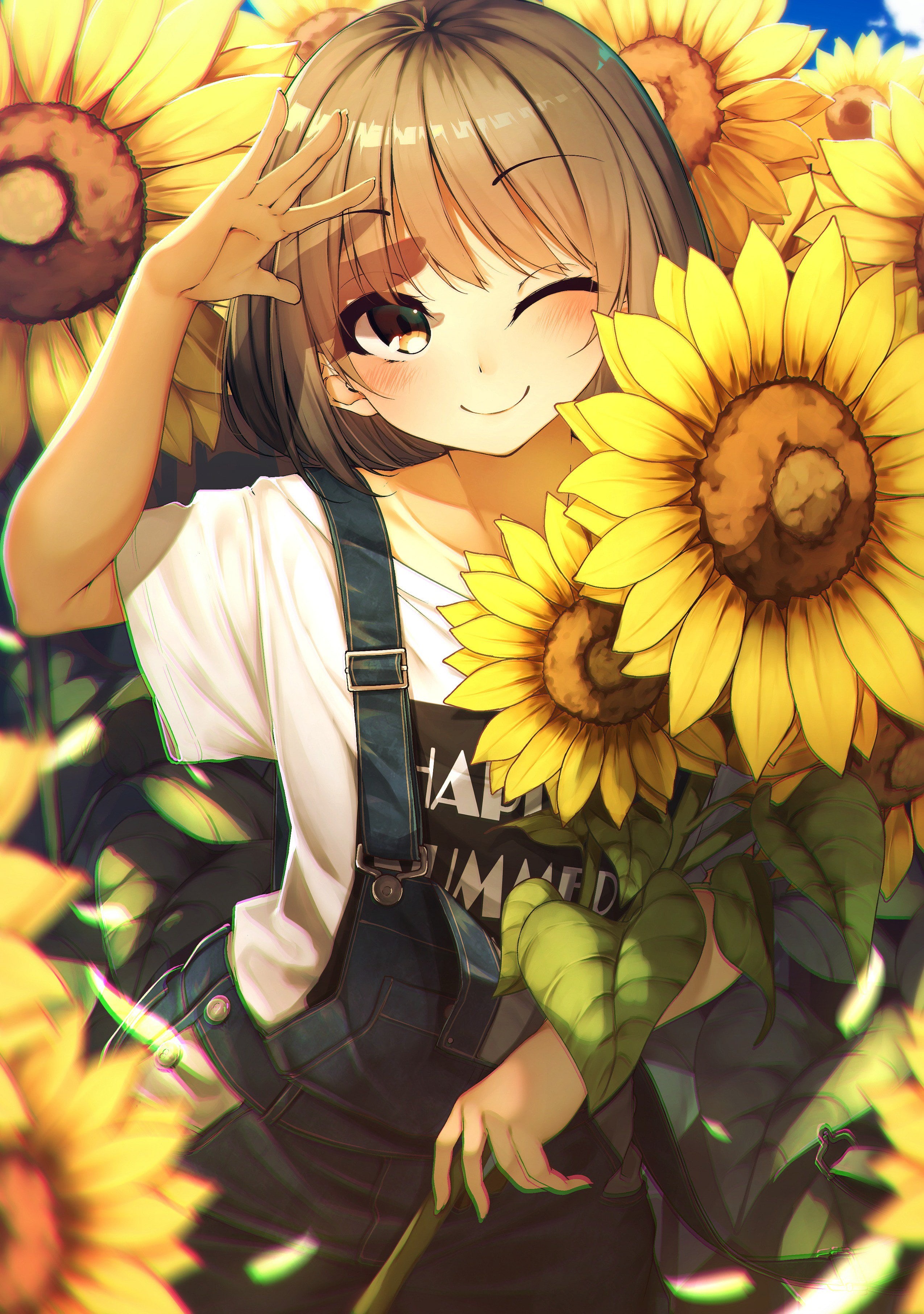 three quarter length, day, smiling, child, leisure activity, close-up, flowering plant, obscured face, brown eyes, yellow, overalls, brunette, nature, flower, Phone HD Wallpaper