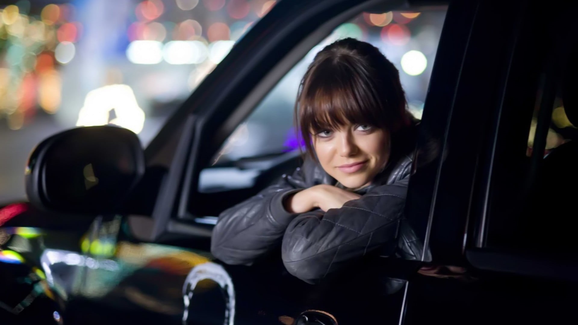 young adult, s, looking at camera, hairstyle, taxi, long, motor vehicle, horror, bangs, portrait, night, transportation, car, Emma Stone, city, travel, HD Wallpaper