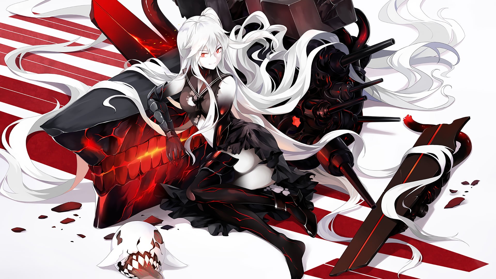 anime, variation, torn clothes, female, white background, character, indoors, ink, large group of objects, red, food and drink, dressed, Aircraft Carrier Hime, HD Wallpaper