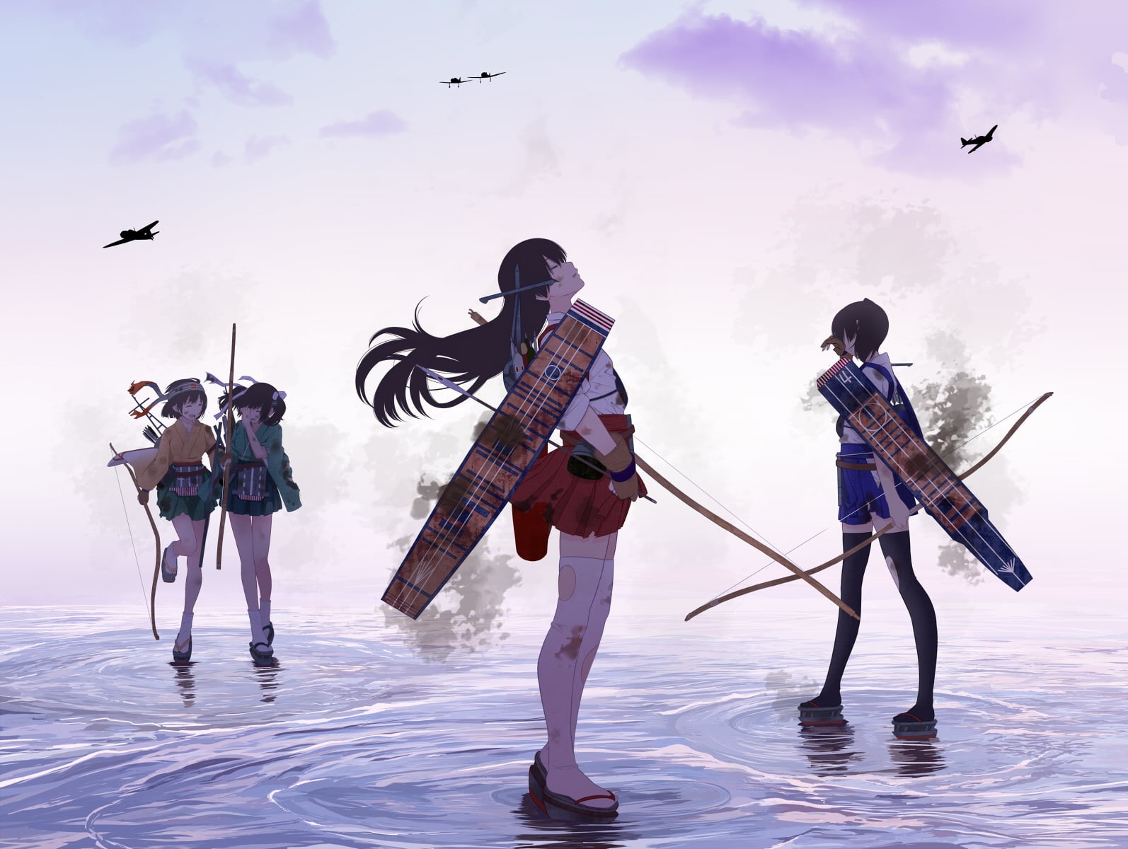 group of people, 720P, group of animals, flying, nature, real people, Kaga (KanColle), day, Souryuu (KanColle), women, vertebrate, Hiryuu (KanColle), full length, HD Wallpaper