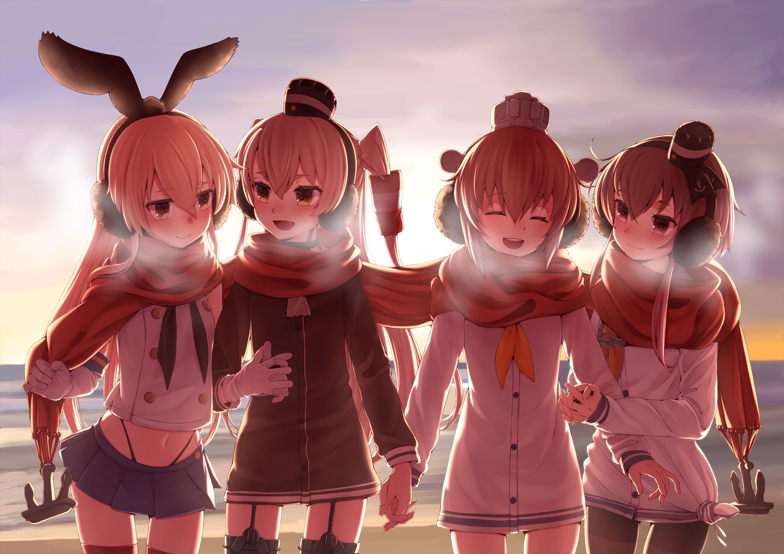 closed eyes, bunny ears, Tokitsukaze (KanColle) , open mouth, adult, togetherness, clothing, nature, side by side, front view, Amatsukaze (Kancolle), hair ornament, HD Wallpaper