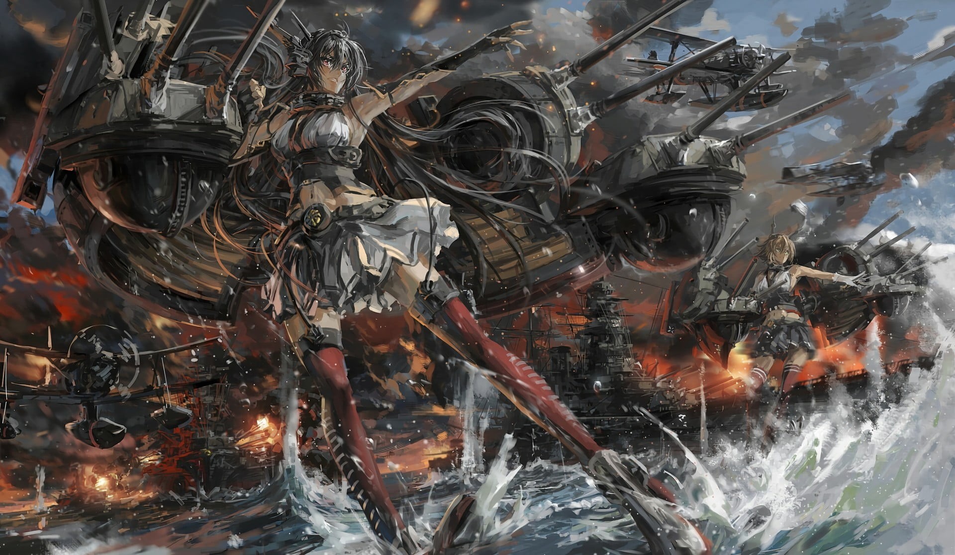 full frame, reflection, close-up, anime girls, smoke - physical structure, indoors, glass - material, 1080P, Nagato (KanColle), backgrounds, Mutsu (KanColle), HD Wallpaper