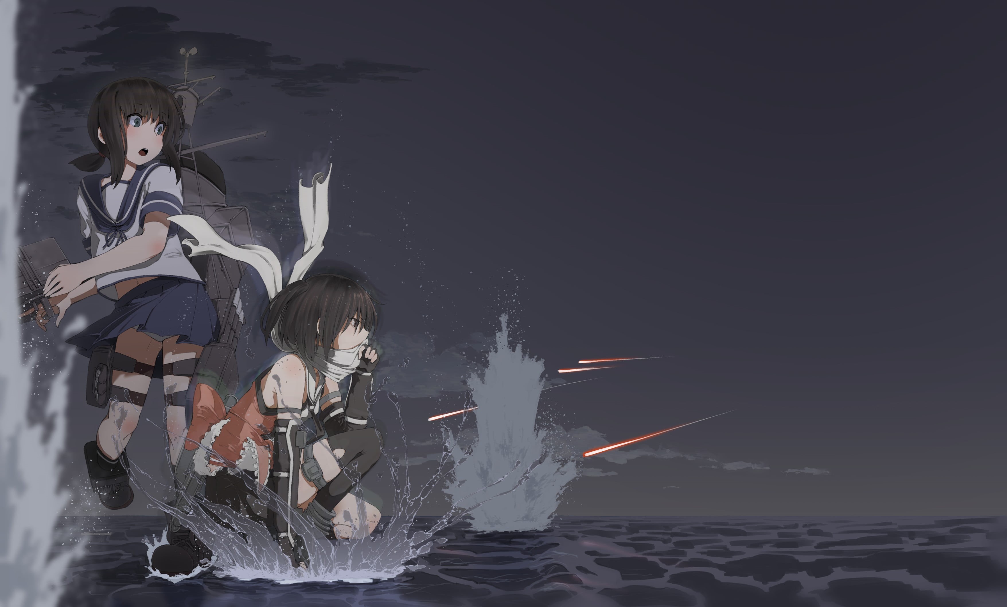 Sendai (KanColle), lifestyles, illustration, digital composite, people, sea, Fubuki (KanColle), 2K, women, two, transportation, mode of transportation, HD Wallpaper