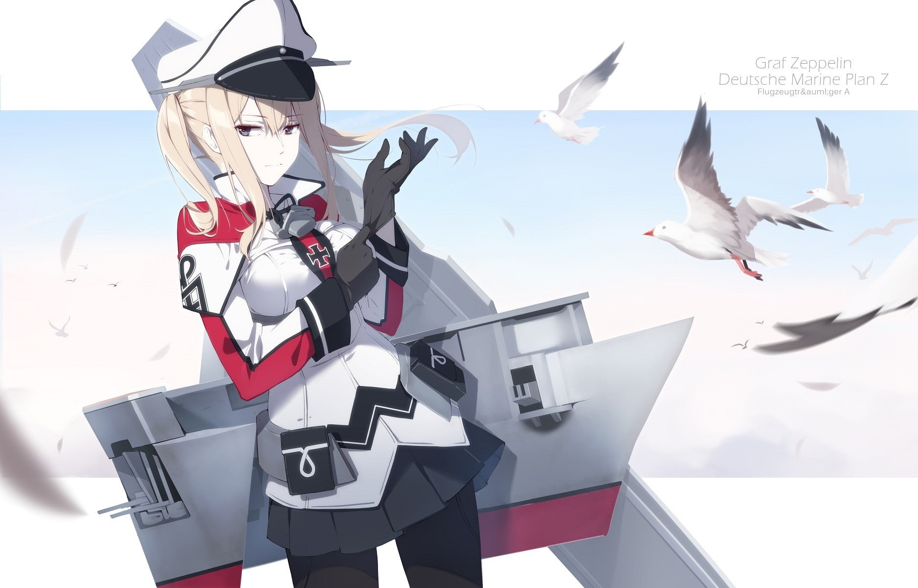 sky, flying, animal themes, Kantai Collection, animal wildlife, animal, sea, motion, group of animals, no people, anime girls, water, flock of birds, technology, HD Wallpaper