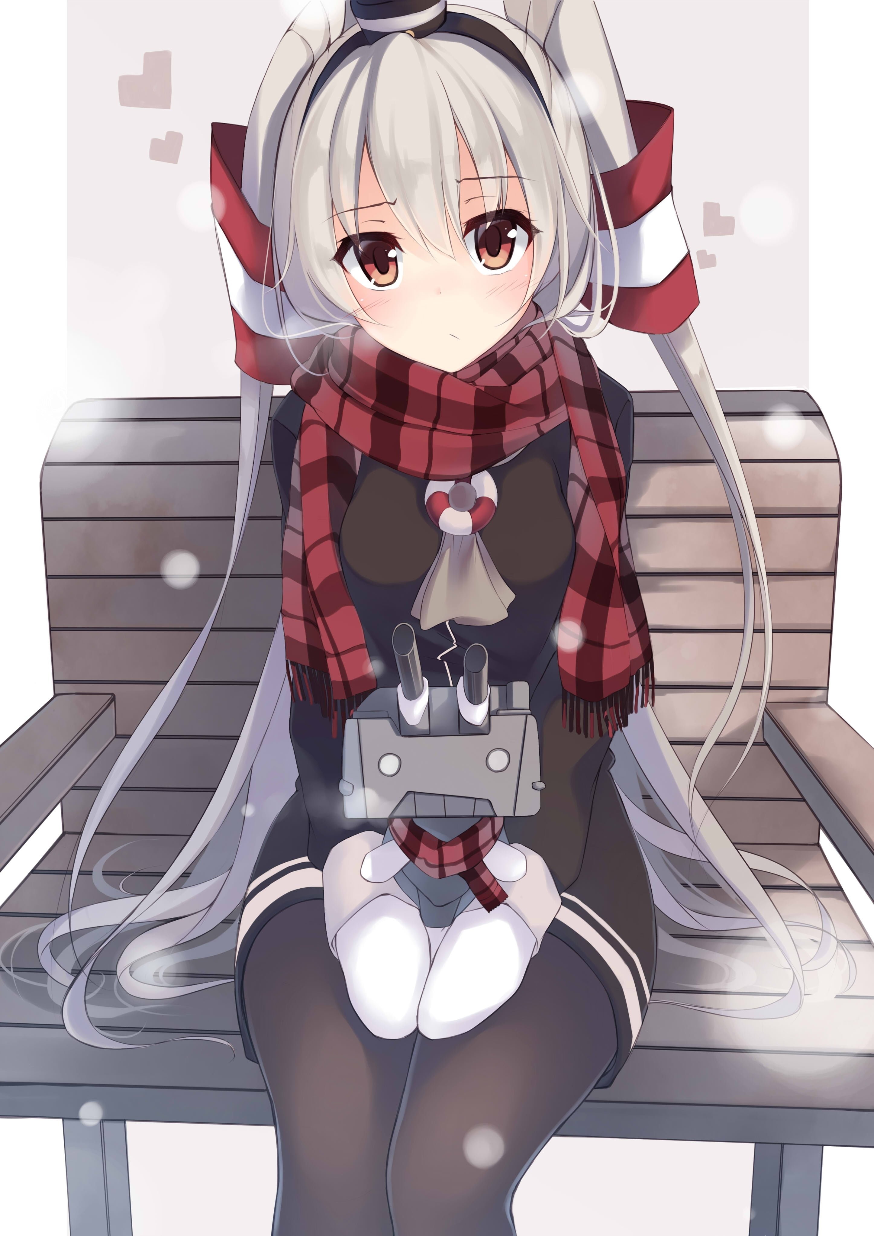 red eyes, anime, long hair, Kantai Collection, Rensouhou-chan, gray hair, anime girls, Amatsukaze (Kancolle), 4K, Phone HD Wallpaper