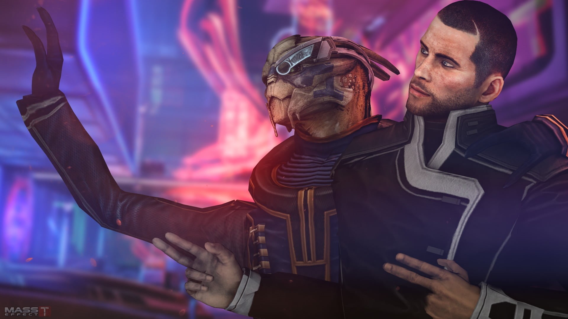 two people, positive emotion, nightclub, Garrus Vakarian, arts culture and entertainment, suit, real people, digital, couple - relationship, grey, Mass Effect, HD Wallpaper