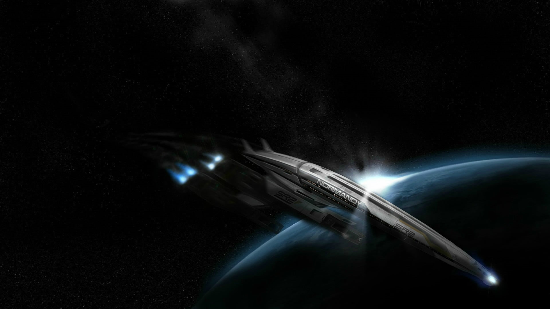 Normandy SR-2, night, black background, orbiting, mode of transportation, planet - space, air vehicle, nature, space exploration, flying, illuminated, spaceship, HD Wallpaper