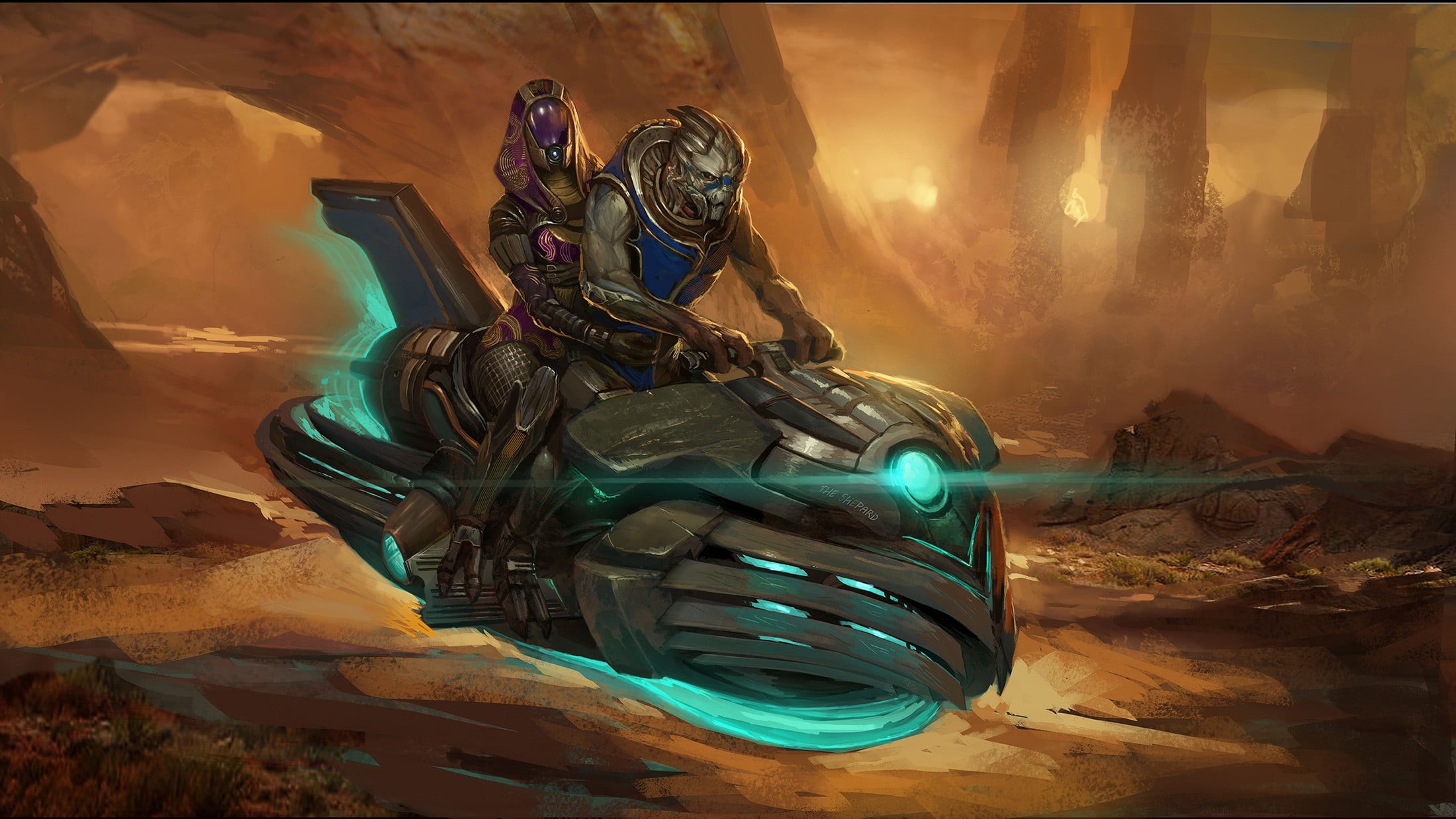 Mass Effect, night, motorcycle, digital composite, animated, technology, headwear, helmet, outdoors, video games, illustration, Garrus Vakarian, no people, HD Wallpaper