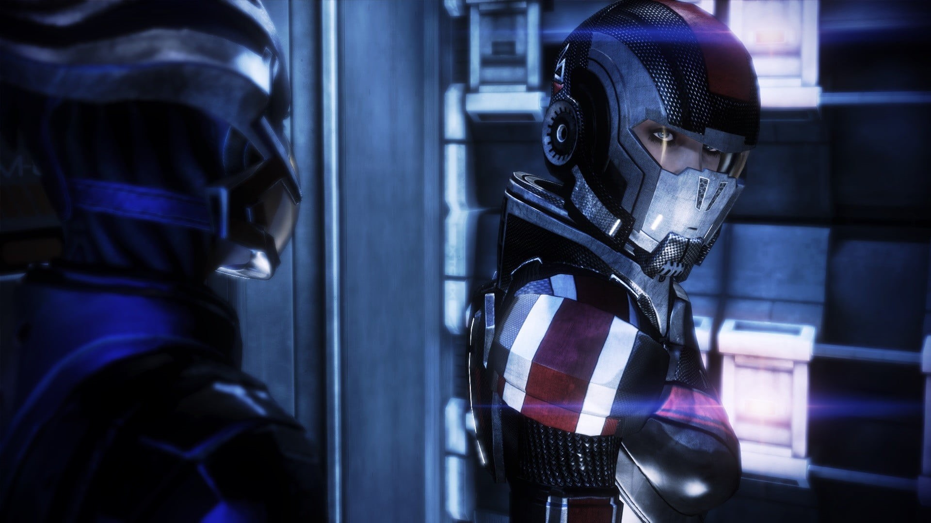 safety, no people, indoors, midsection, industry, 1080P, metal, Mass Effect 2, game, reflection, arts culture and entertainment, illuminated, selective focus, HD Wallpaper