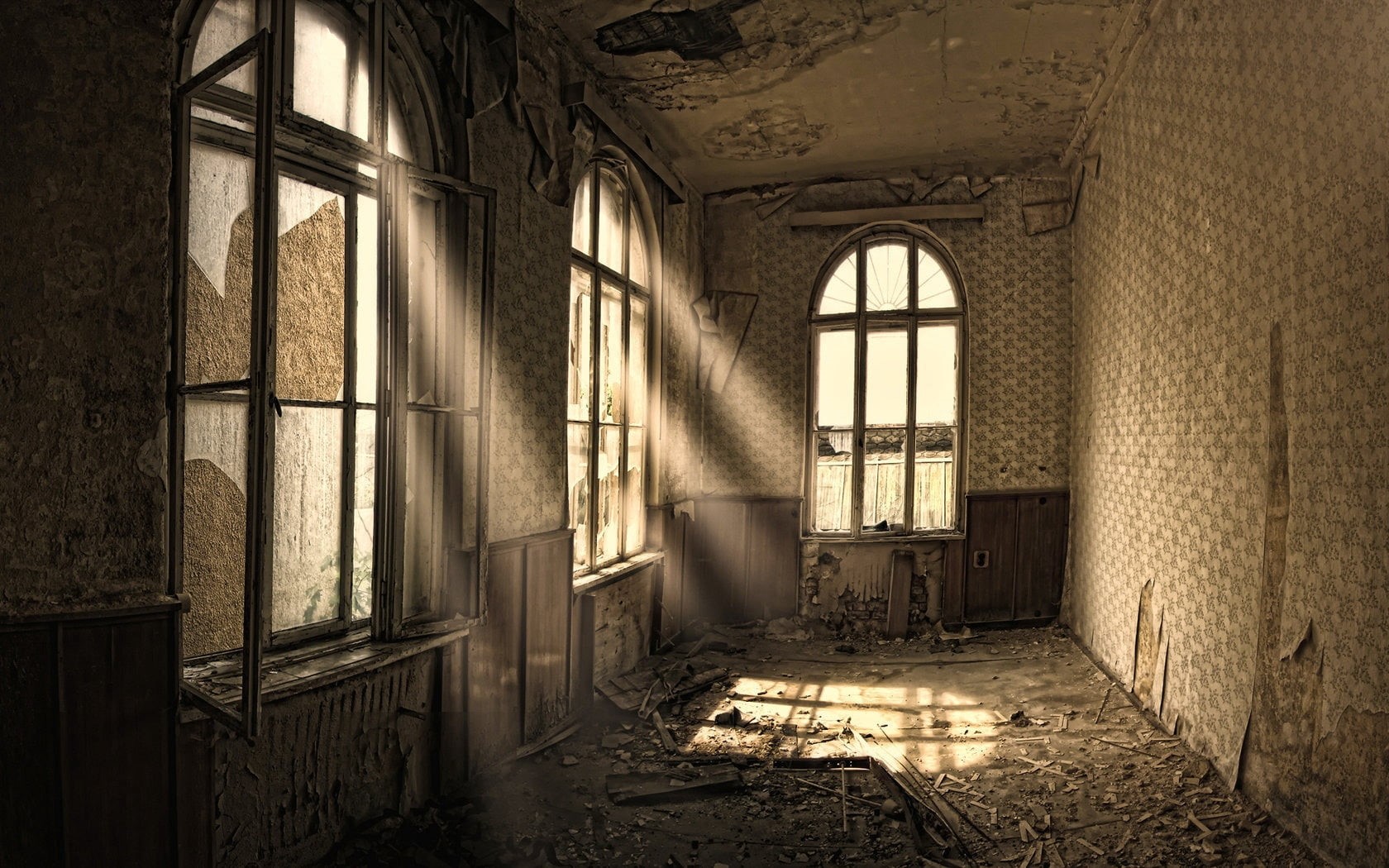 ruined, architecture, dark, window, architectural column, grunge, rusty, room, weathered, entrance hall, hdr, history, domestic Room, 720P, damaged, broken, HD Wallpaper