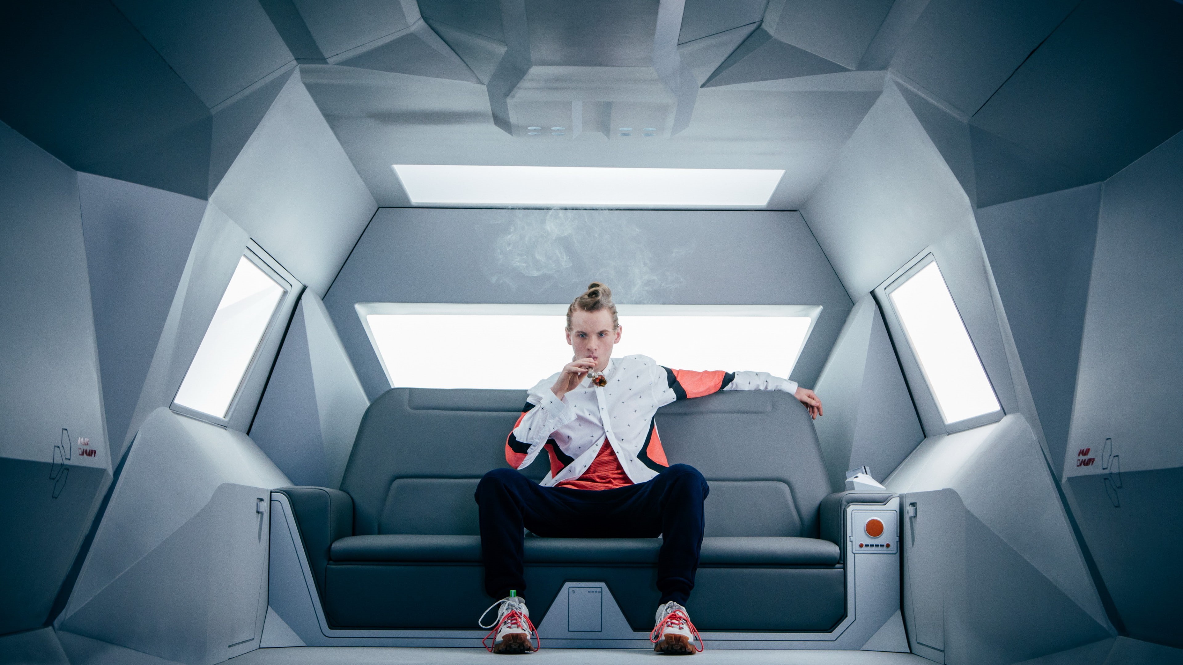dress, best TV series, black, American Gods, Bruce Langley, shirt, leather, Technical Boy, man, jeans, white, couch, 4K, orange, gray, sitting, HD Wallpaper