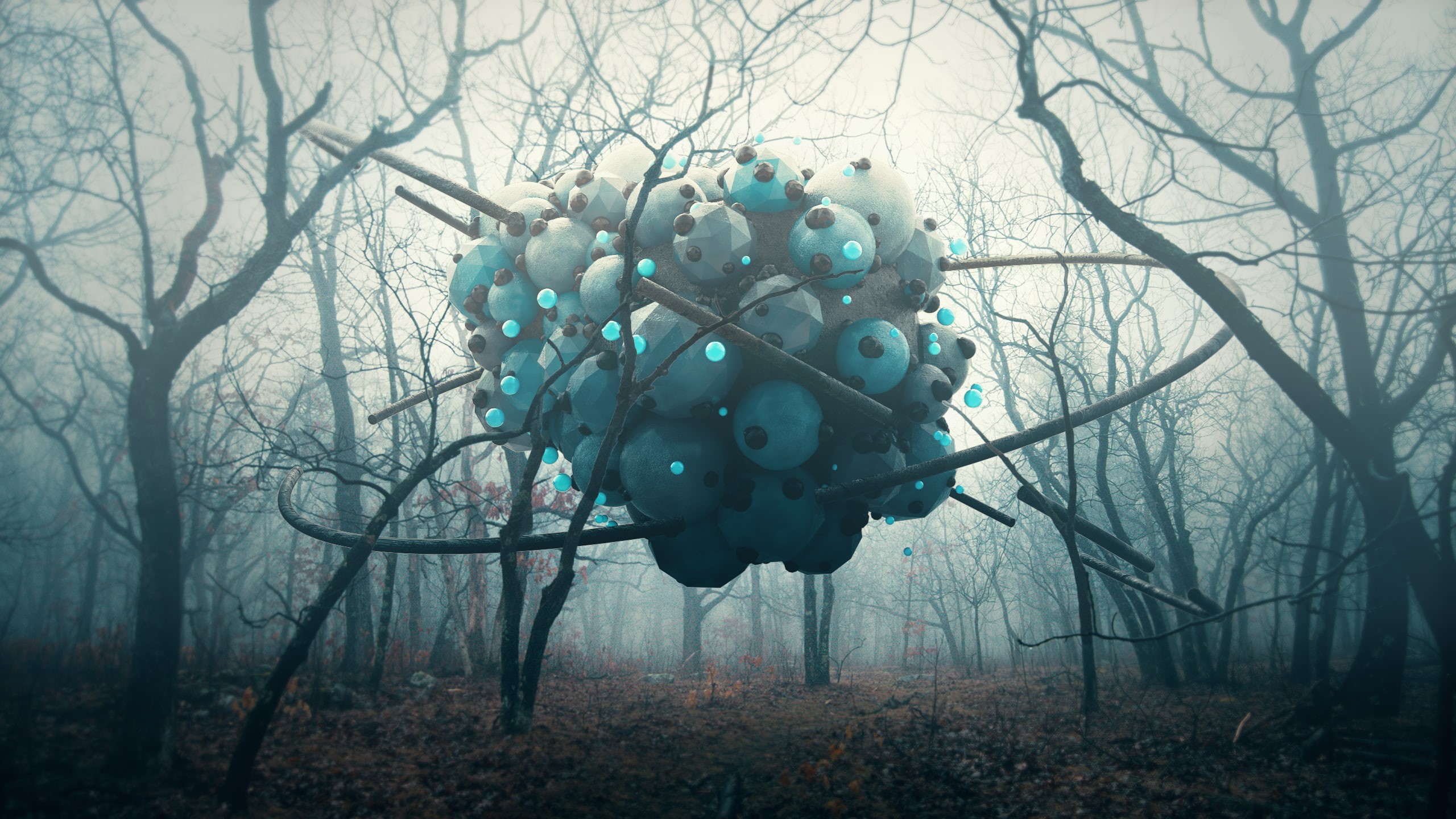 environment, outdoors, land, woodland, Cinema 4D, plant, tree, day, bare tree, forest, winter, fog, no people, Photoshop, trunk, nature, branch, 2K, 3D, HD Wallpaper