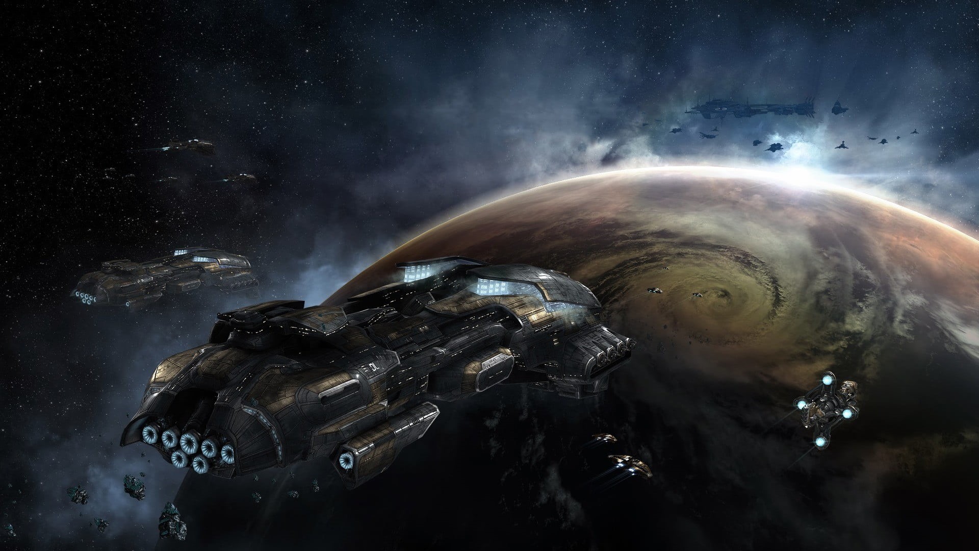 EVE Online, no people, outdoors, planet earth, planet, sea, cloud - sky, science, destruction, 1080P, brown, single object, orbiting, galaxy, astronomy, HD Wallpaper