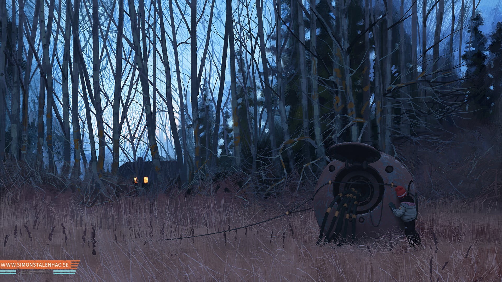 beside, transportation, land vehicle, Simon Stålenhag, trunk, futuristic, plant, 1080P, architecture, snow, tree, rock, night, cold temperature, tree trunk, HD Wallpaper