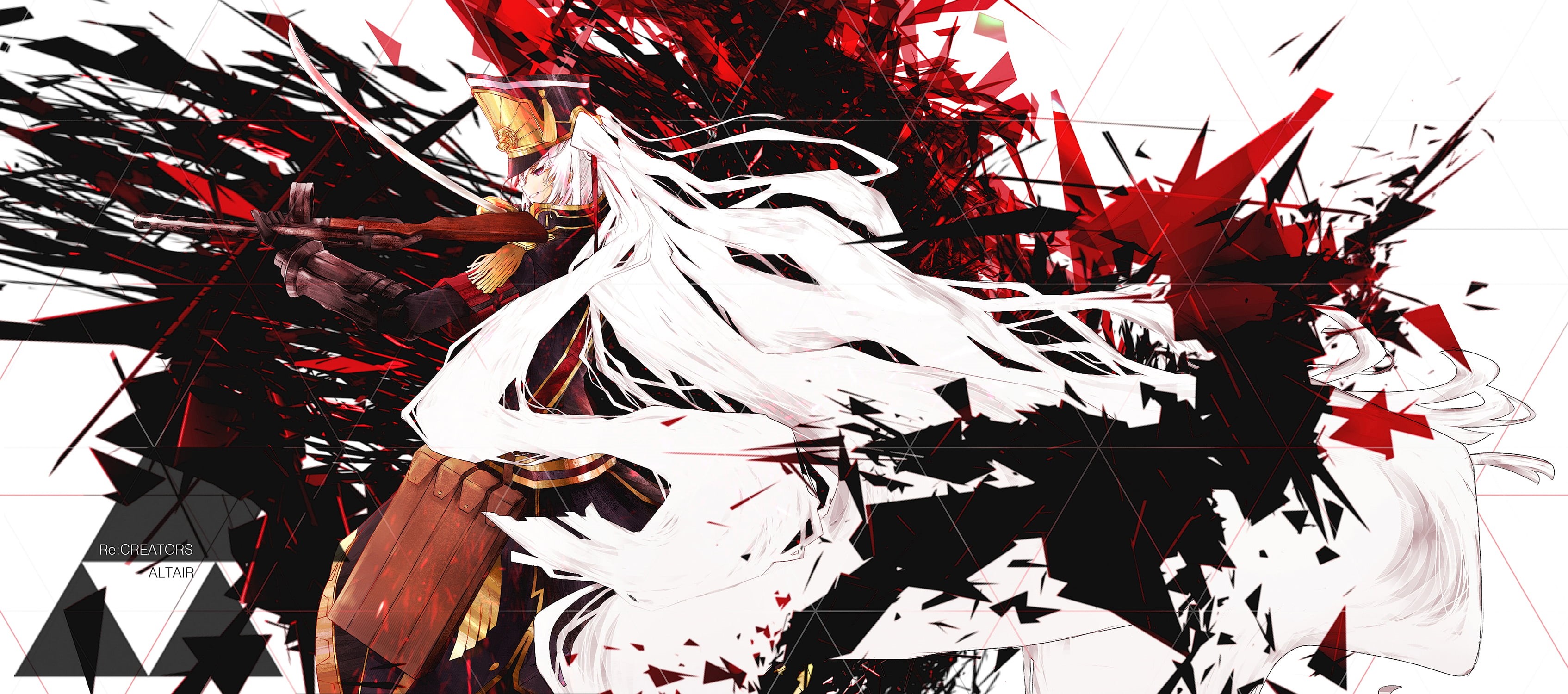 digital art, Abstract photography, sword, Altair (Re: Creators), Re:CREATORS, shotgun, anime girls, white hair, 2K, HD Wallpaper